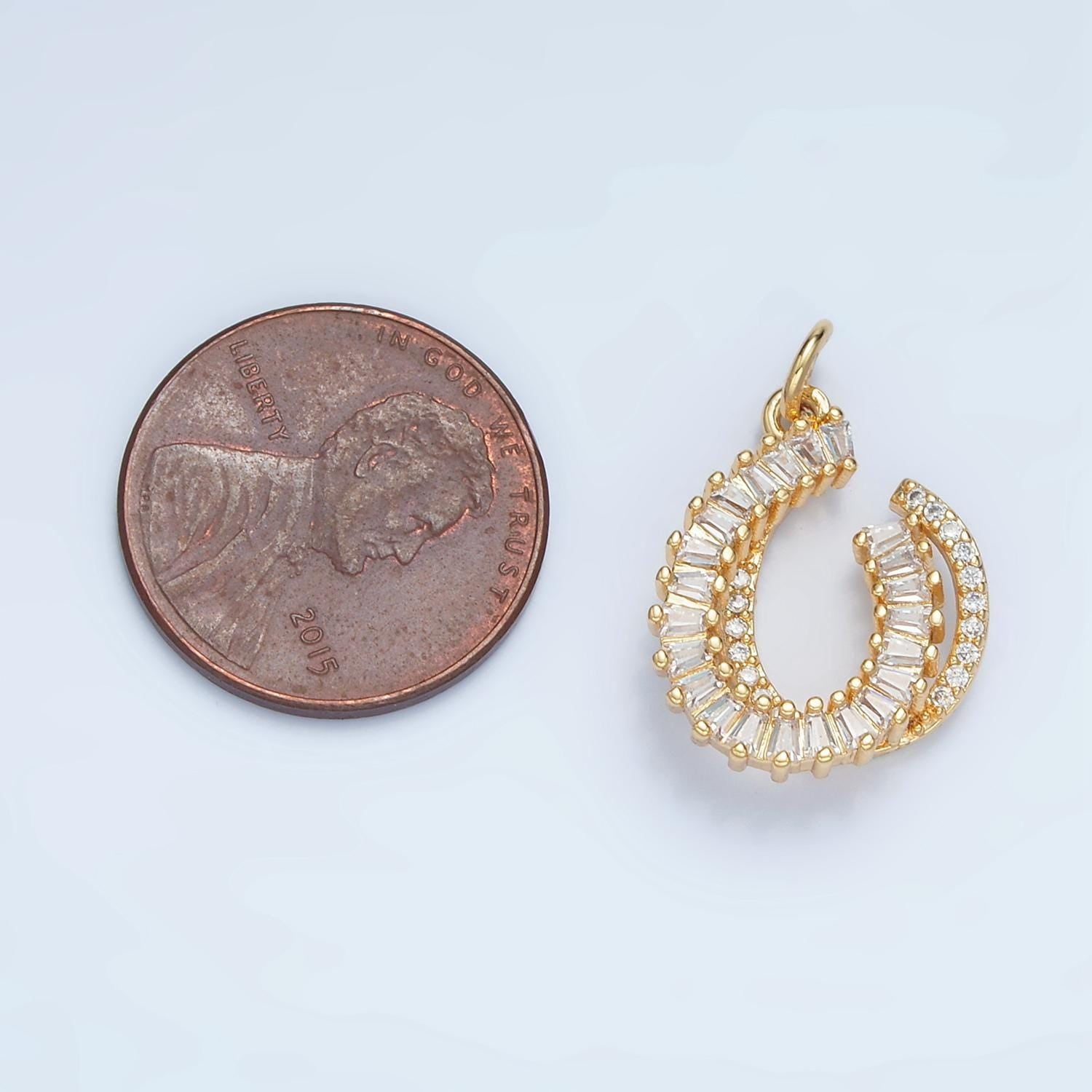 Double horseshoe baguette cz & micro paved cz, 24k gold filled charm | e-807