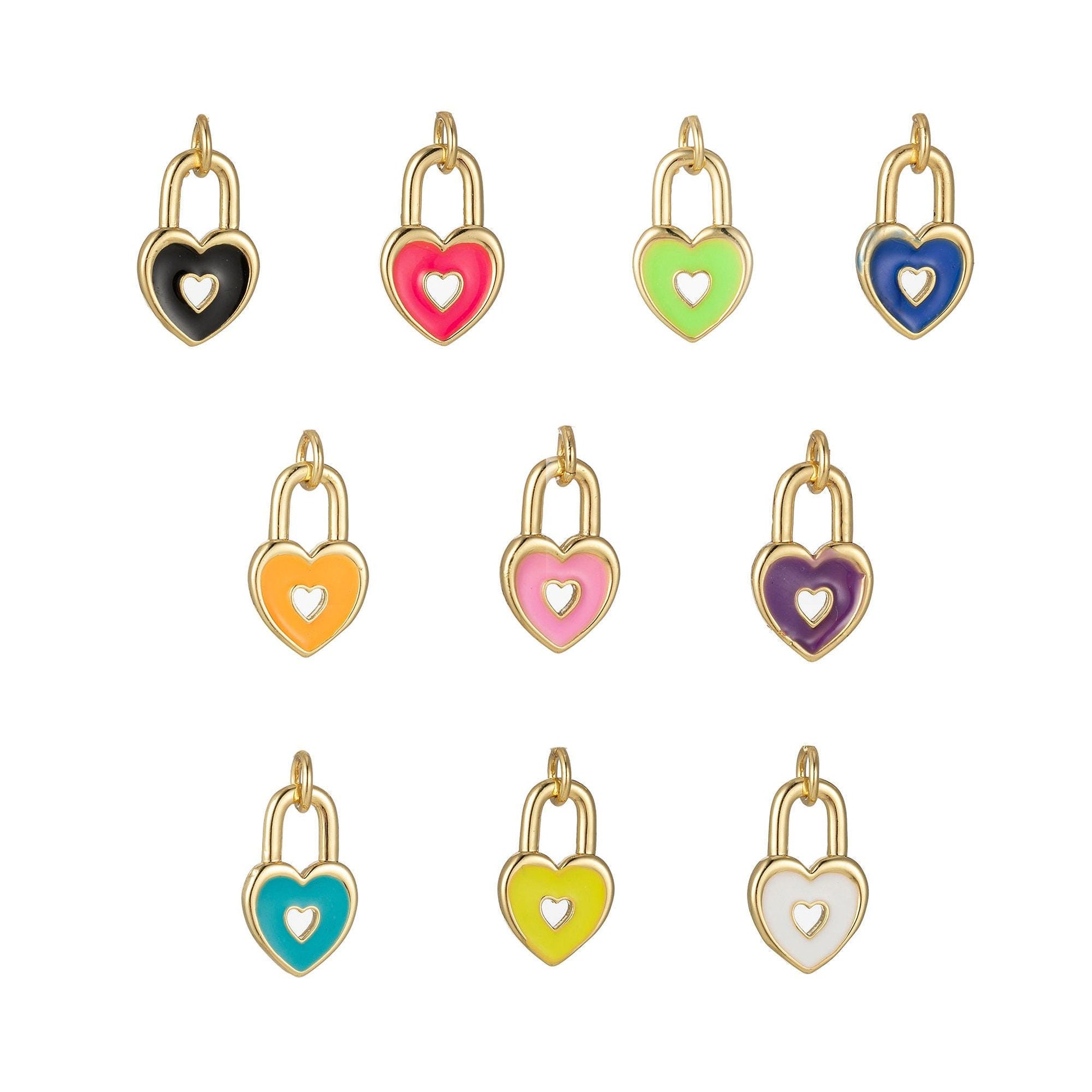 Gold dainty heart padlock charm colorful enamel lock charm for necklace bracelet jewelry making black blue pink green orange purple e800