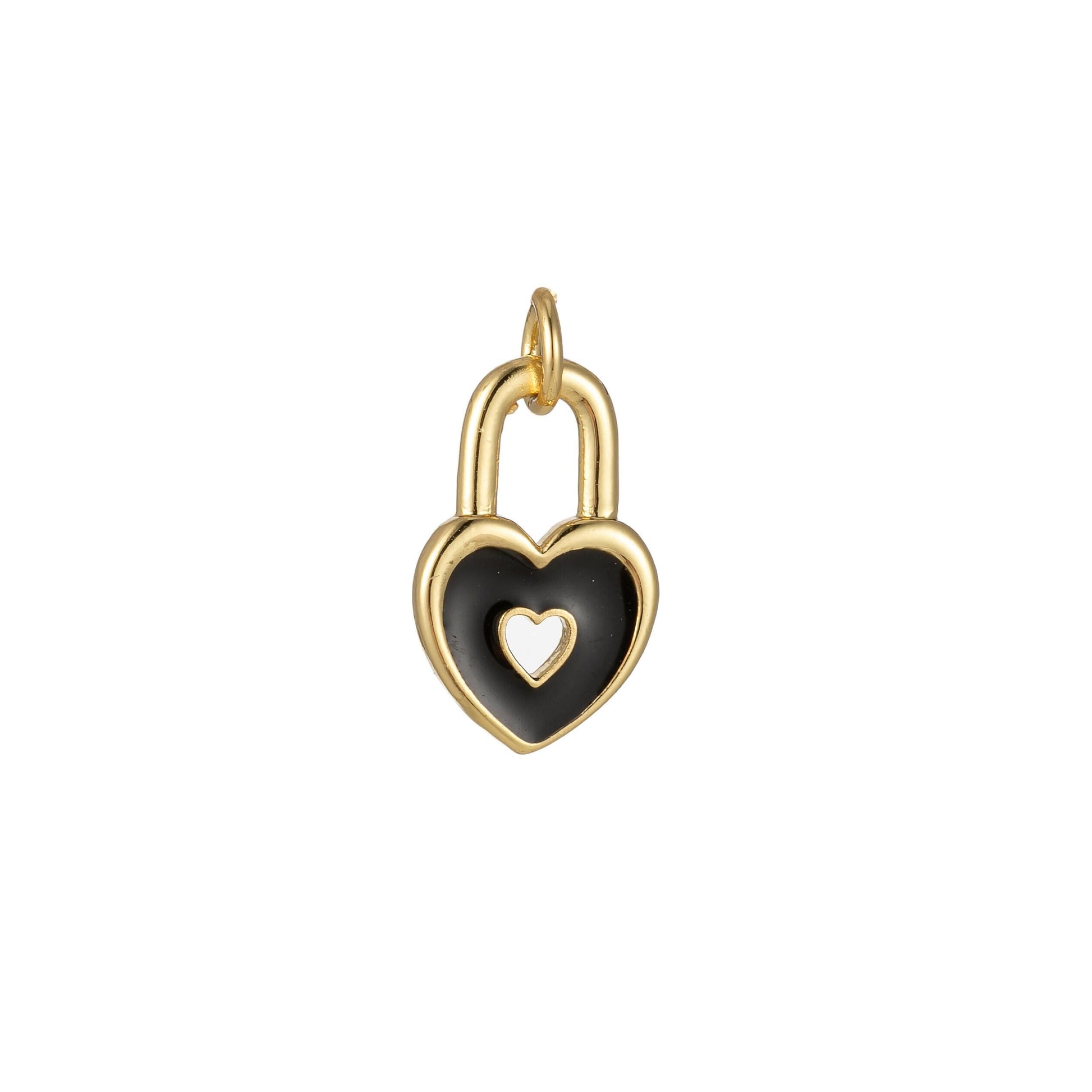 Gold dainty heart padlock charm colorful enamel lock charm for necklace bracelet jewelry making black blue pink green orange purple e800
