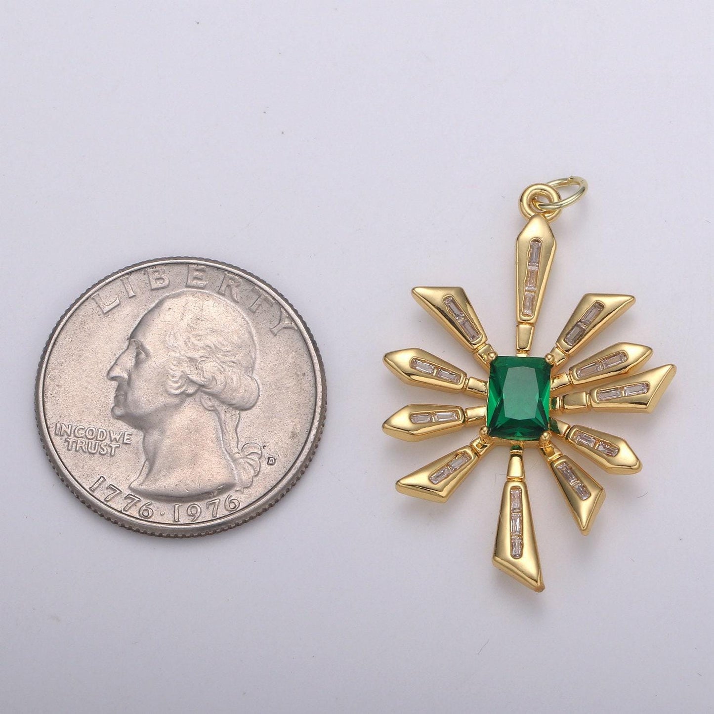 Gold flower baguette cz green solitaire cz charm, star zirconia pendant, daisy cubic pave for diy craft making. chgf-2167
