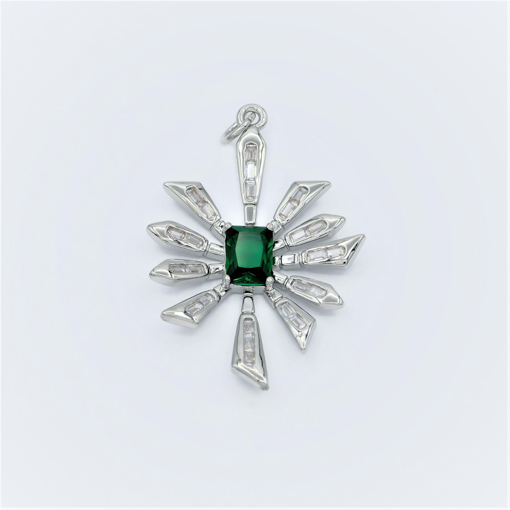 Gold flower baguette cz green solitaire cz charm, star zirconia pendant, daisy cubic pave for diy craft making. chgf-2167