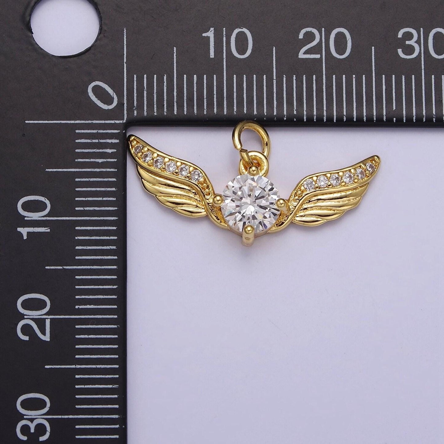 Golden angel wing with round cubic zirconia cz, feather wing charm for jewelry necklace bracelet making, e-747