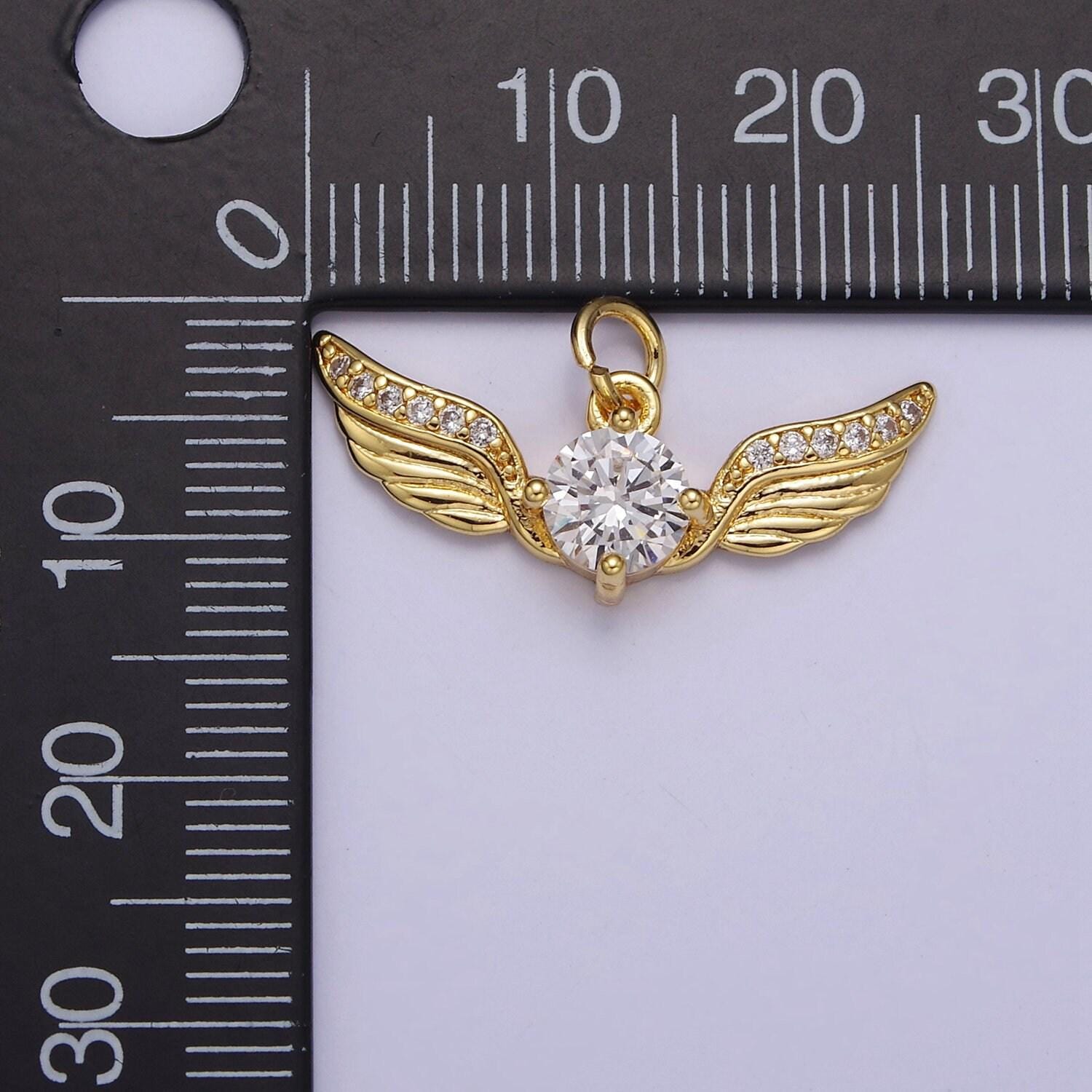 Golden angel wing with round cubic zirconia cz, feather wing charm for jewelry necklace bracelet making, e-747