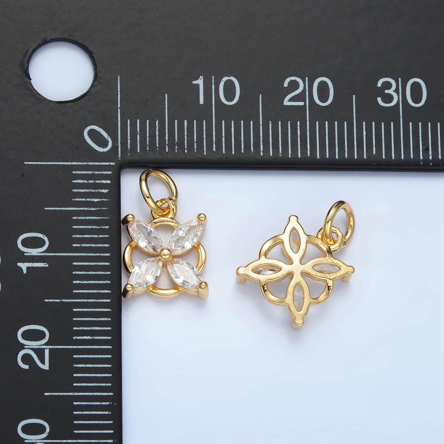 Tiny 4-petal cz flower, open back rim gold filled floral charm | e-731