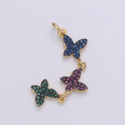1pc. 24k gold lariat 3 butterfly charm, red, blue, green cz pave mariposa lariat pendant , multi color moth charm, chgf-yl-001974