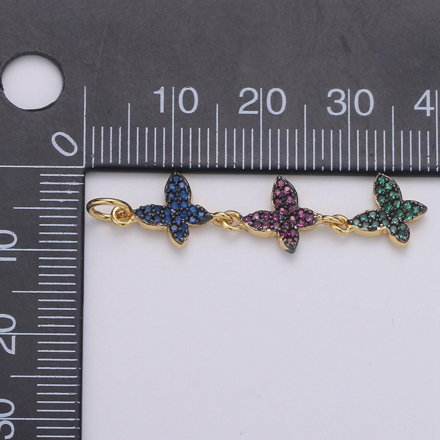 1pc. 24k gold lariat 3 butterfly charm, red, blue, green cz pave mariposa lariat pendant , multi color moth charm, chgf-yl-001974