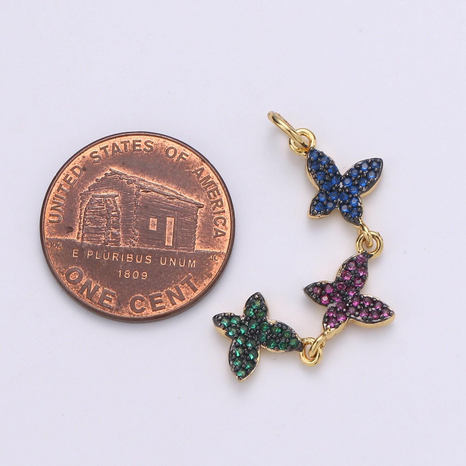 1pc. 24k gold lariat 3 butterfly charm, red, blue, green cz pave mariposa lariat pendant , multi color moth charm, chgf-yl-001974