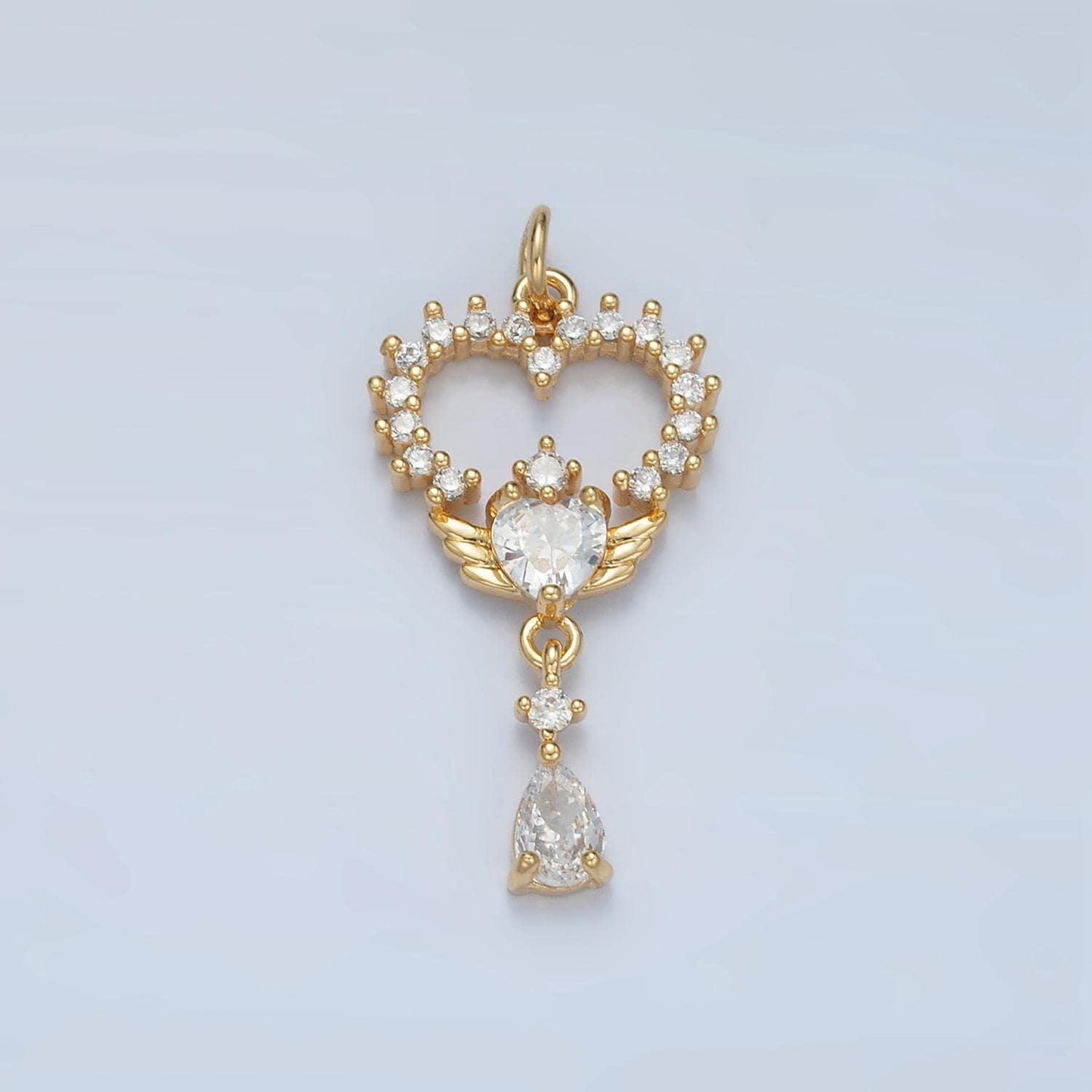 Cz paved angel heart teardrop drop, gold filled dangle pendant | e-689