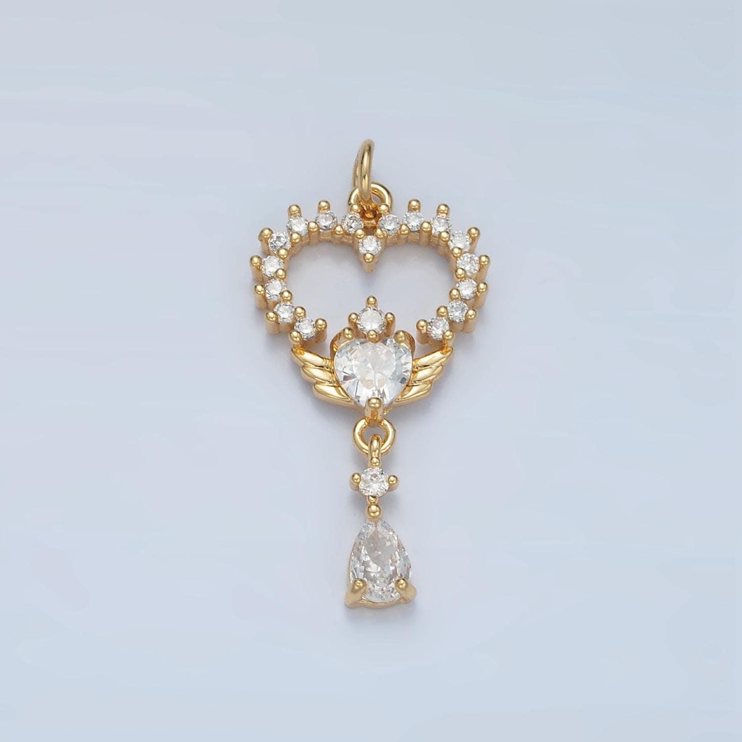 Cz paved angel heart teardrop drop, gold filled dangle pendant | e-689