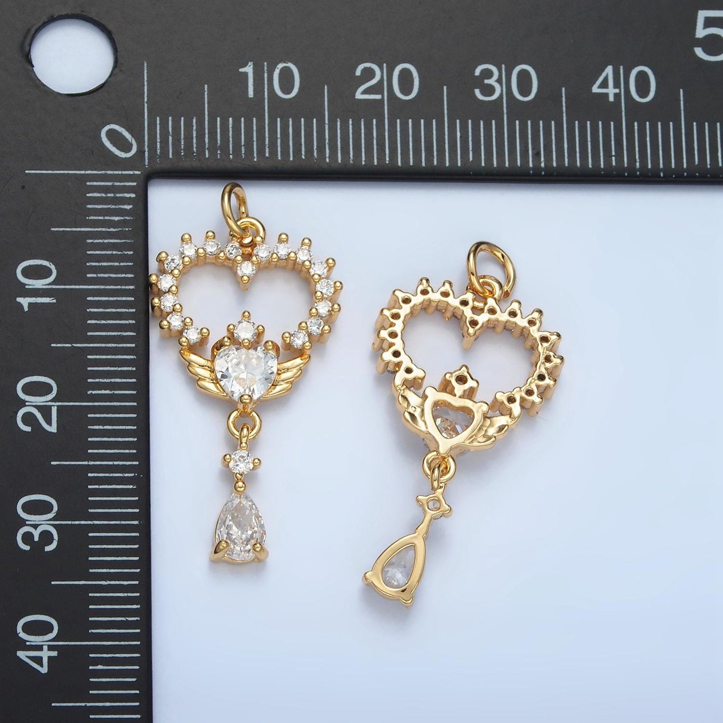 Cz paved angel heart teardrop drop, gold filled dangle pendant | e-689