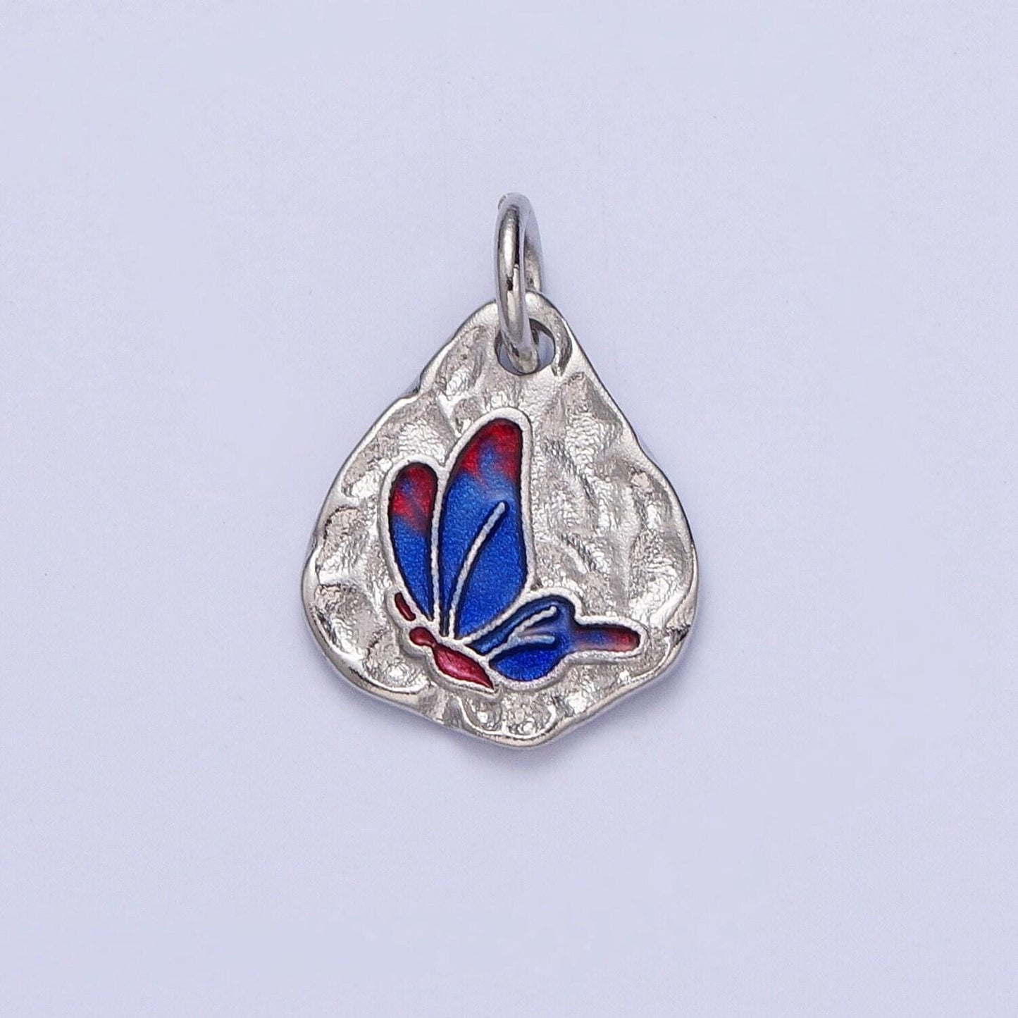 Cute silver butterflies abstract shaped pendant, white gold filled colorful enamel mariposa butterfly textured hammered medallion charm