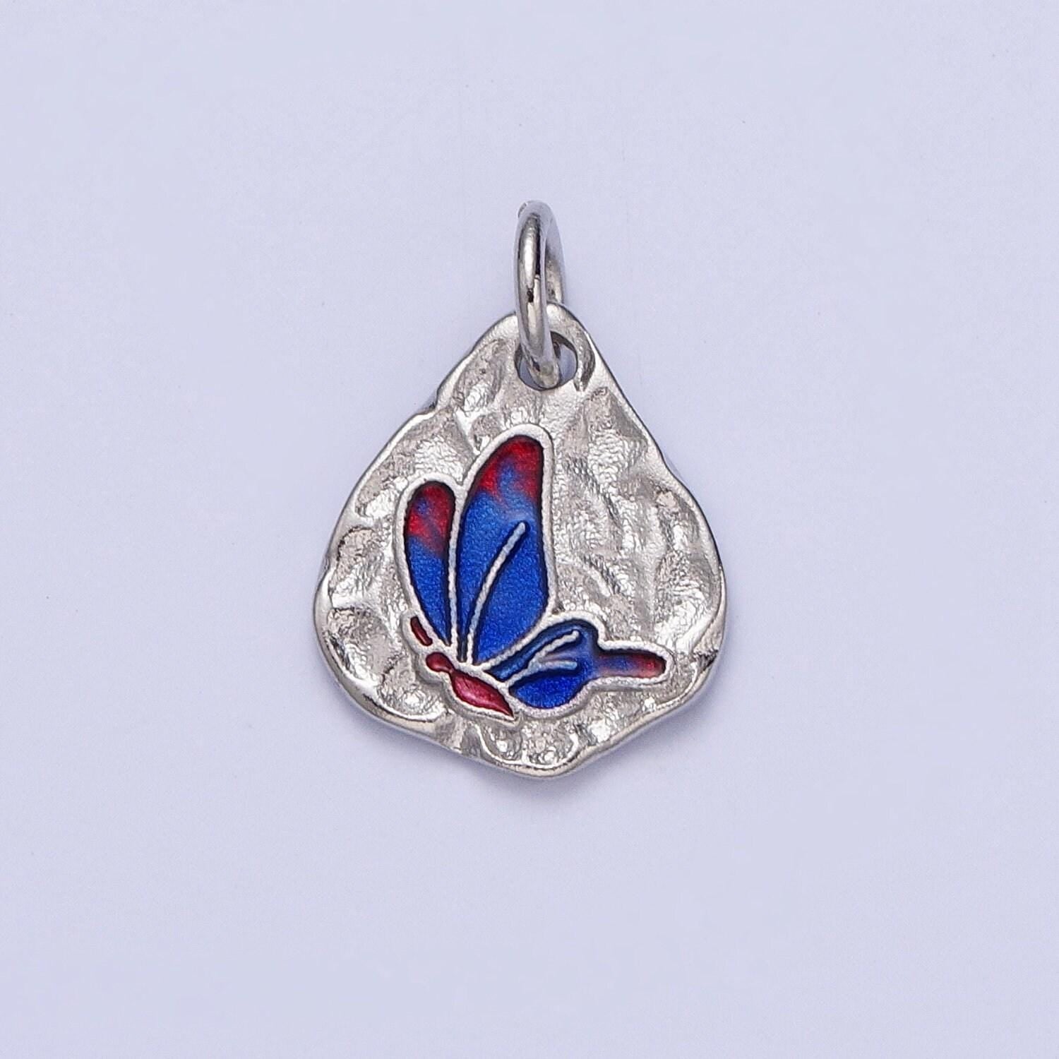 Cute silver butterflies abstract shaped pendant, white gold filled colorful enamel mariposa butterfly textured hammered medallion charm