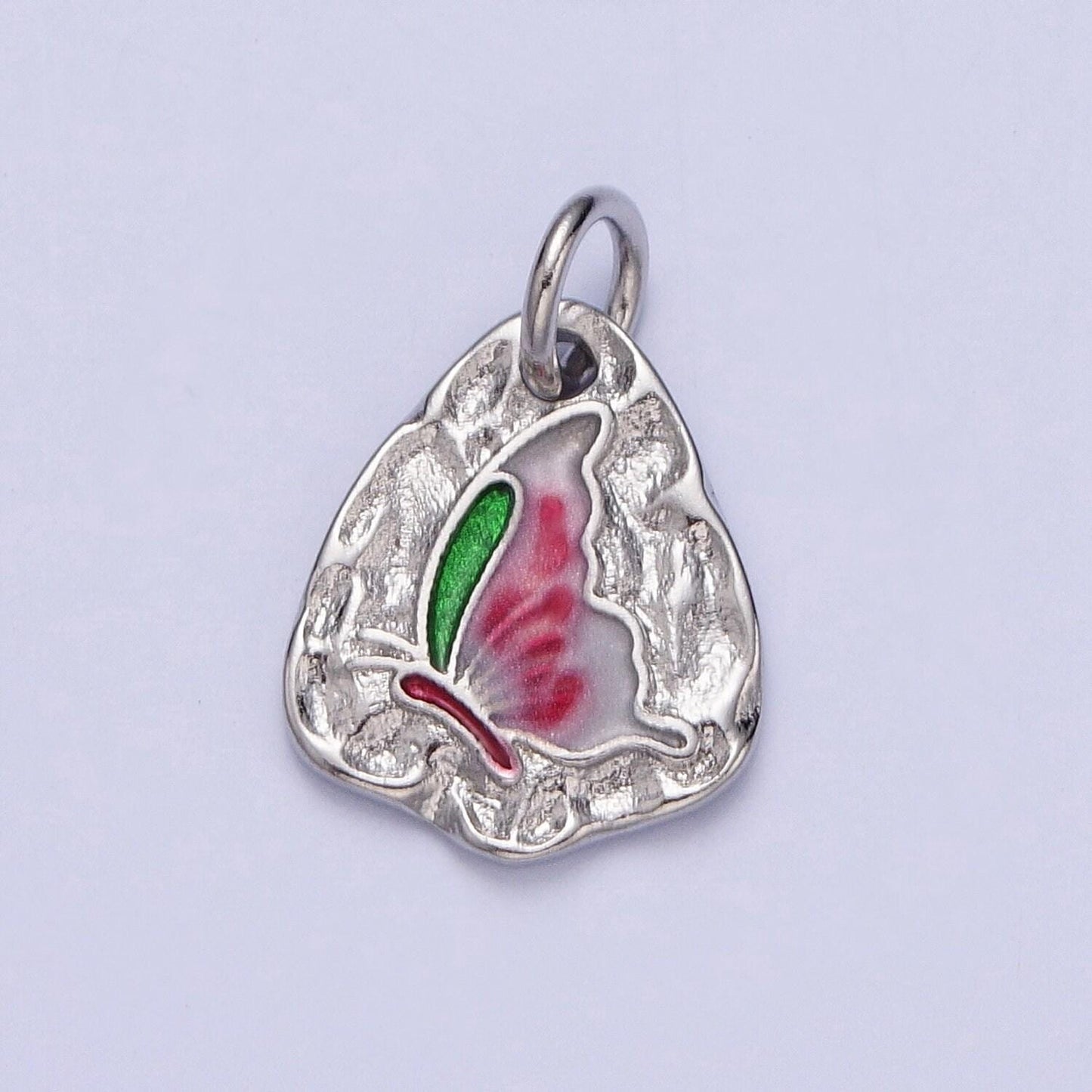 Cute silver butterflies abstract shaped pendant, white gold filled colorful enamel mariposa butterfly textured hammered medallion charm