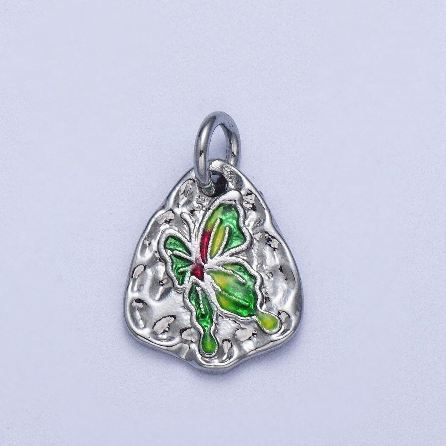Cute silver butterflies abstract shaped pendant, white gold filled colorful enamel mariposa butterfly textured hammered medallion charm