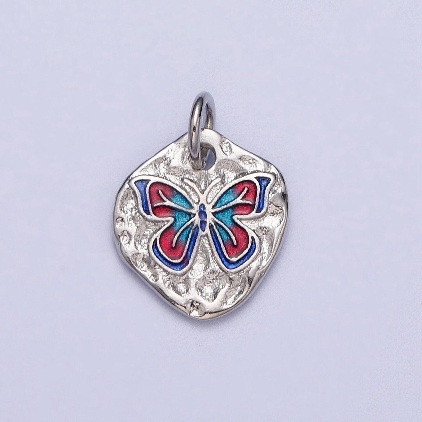 Cute silver butterflies abstract shaped pendant, white gold filled colorful enamel mariposa butterfly textured hammered medallion charm