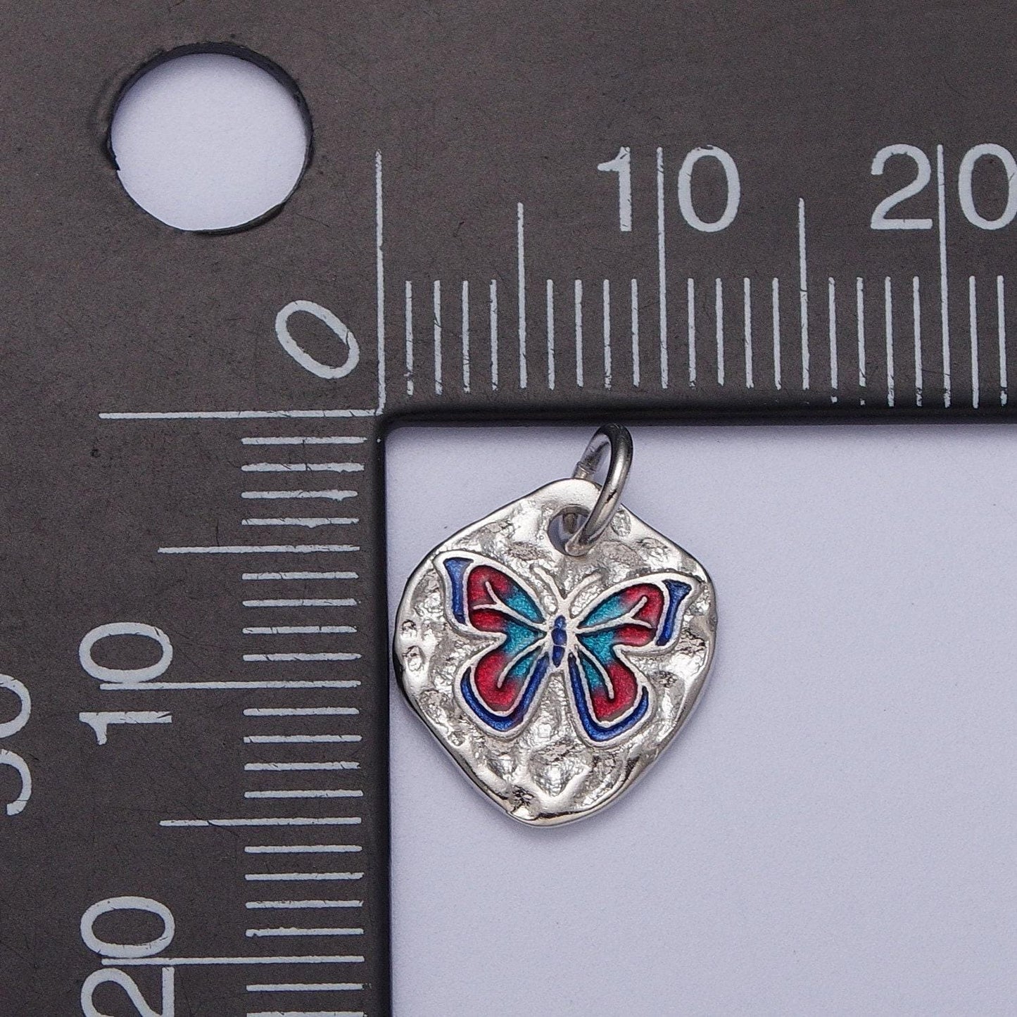 Dainty colorful monarch butterfly rustic hammered silver charm | e675-silver