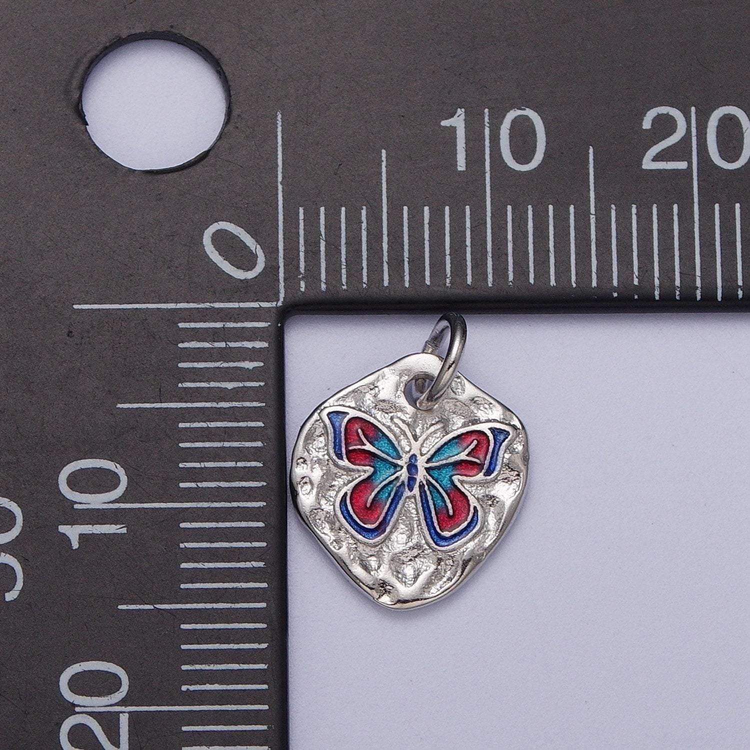 Dainty colorful monarch butterfly rustic hammered silver charm | e675-silver
