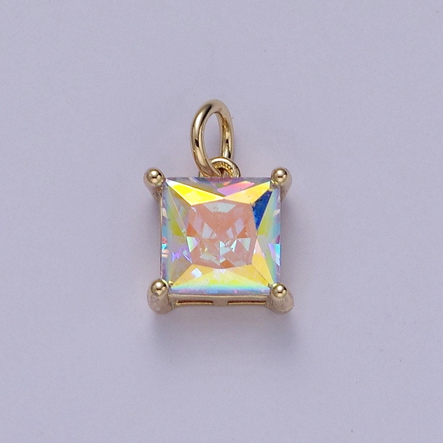 Mini square rainbow ab charm cz charm, aurore boreale cubic zirconia charm, jewelry 18k gold filled