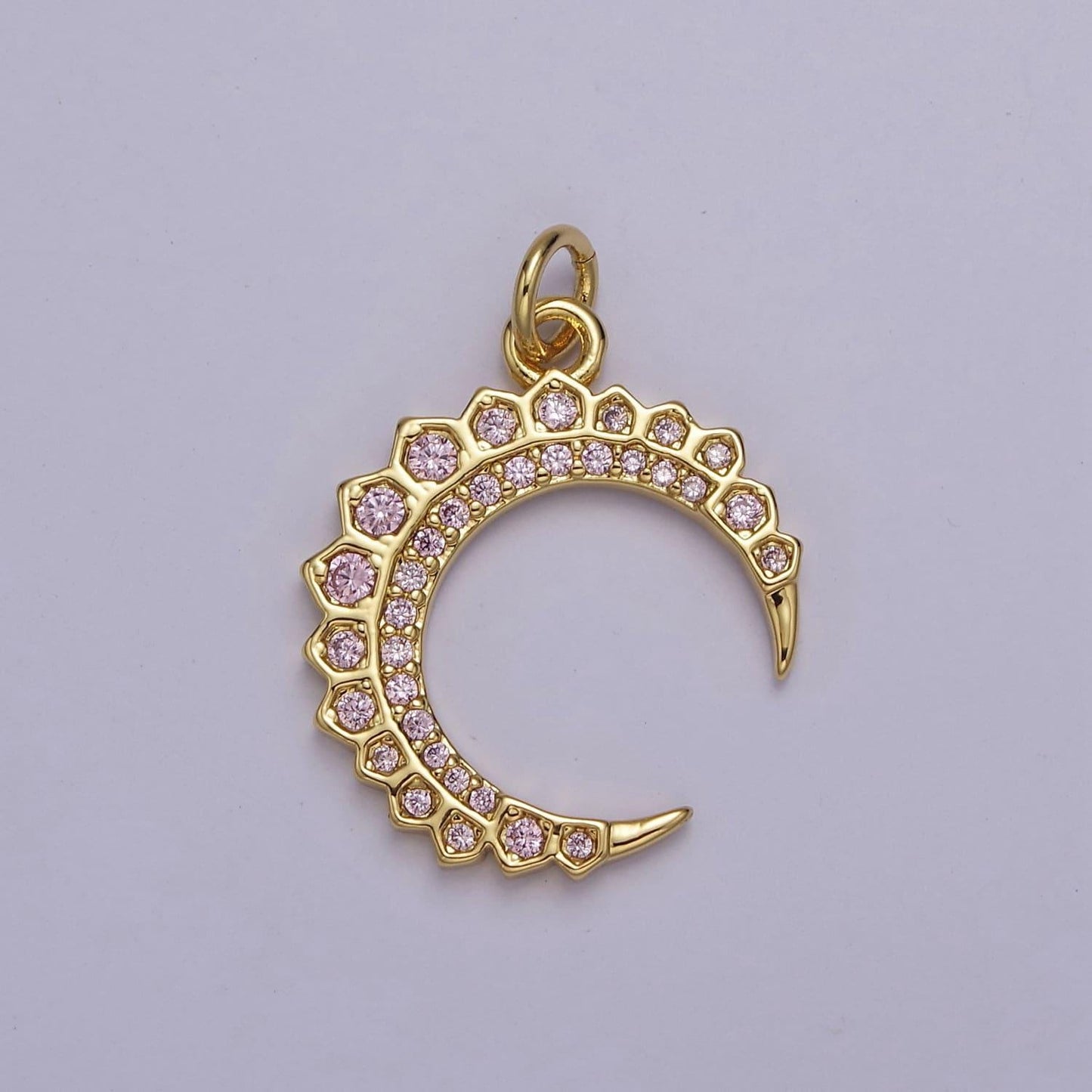 Dainty crescent moon charm with pink cz stone for celestial jewelry e-649