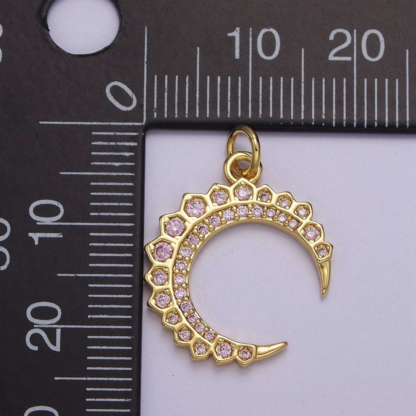 Dainty crescent moon charm with pink cz stone for celestial jewelry e-649
