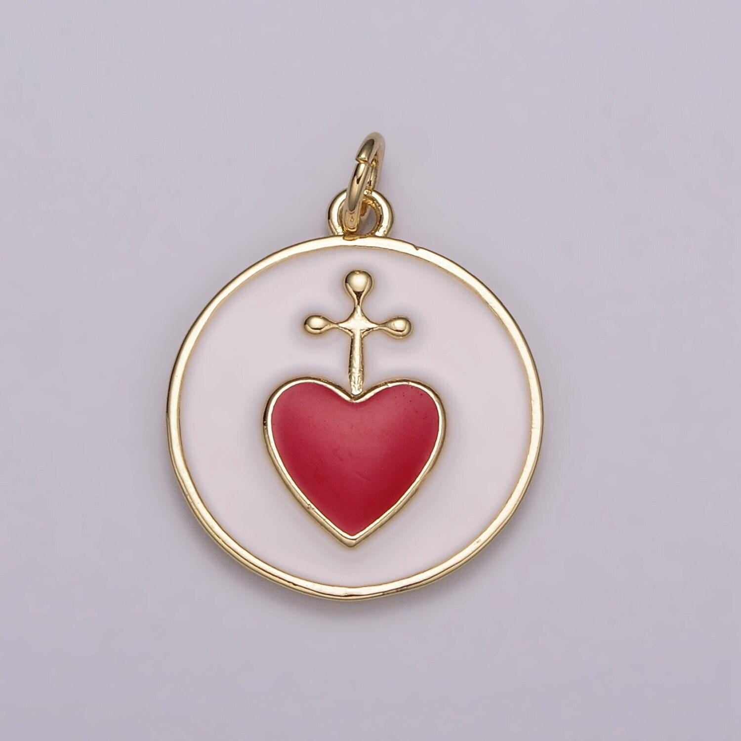 Sacred heart gold charm necklace, sacred heart cross pendant necklace rainbow colorful enamel religious charm