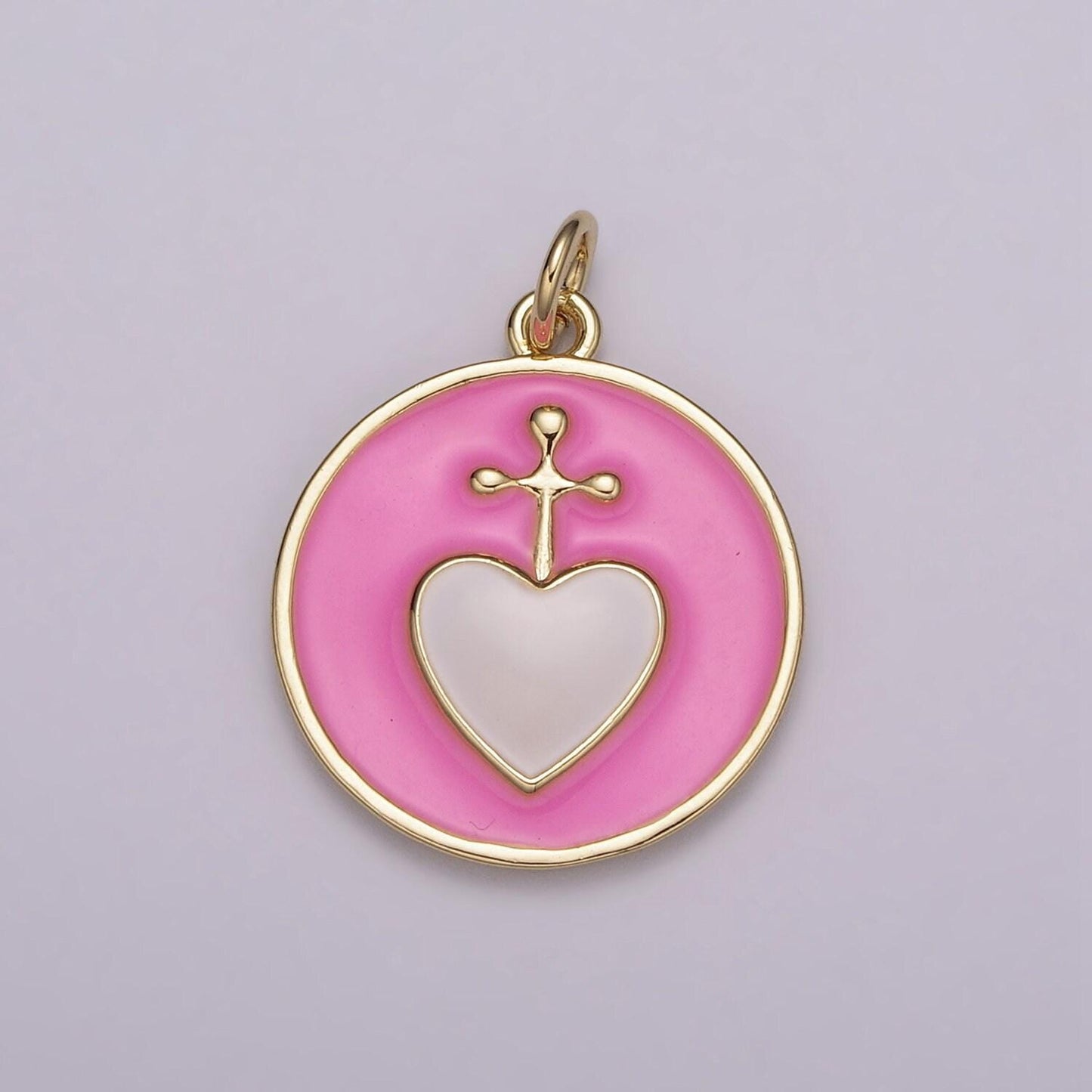 Sacred heart gold charm necklace, sacred heart cross pendant necklace rainbow colorful enamel religious charm