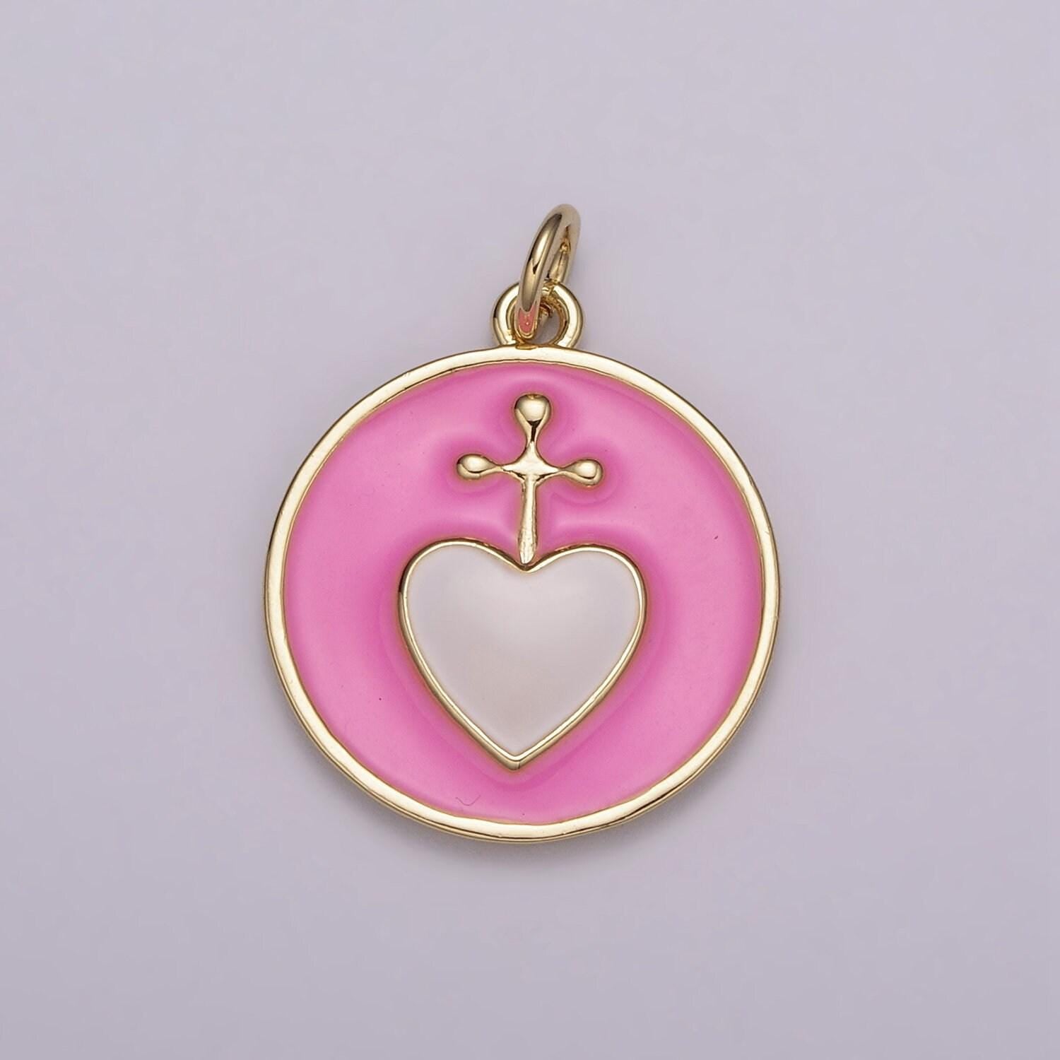 Sacred heart gold charm necklace, sacred heart cross pendant necklace rainbow colorful enamel religious charm