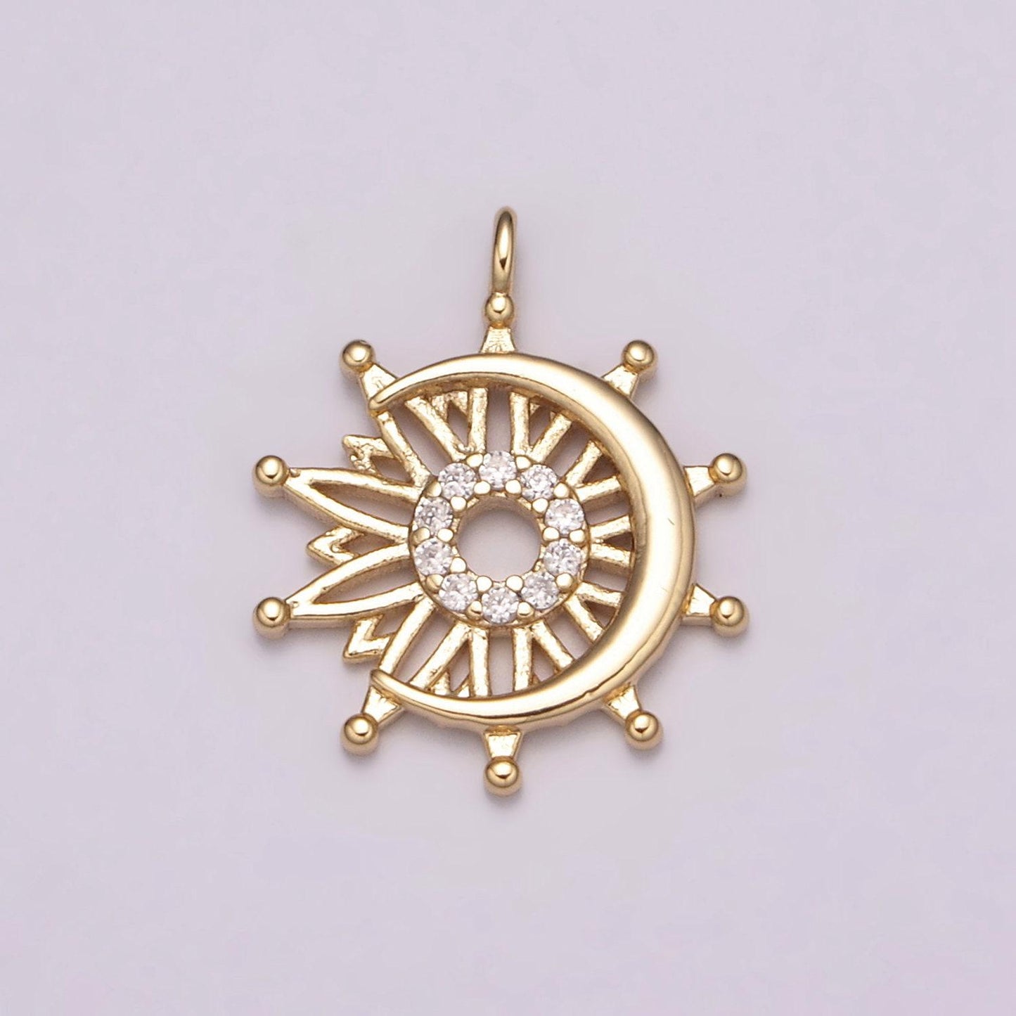 Dainty sun and moon charm, celestial sunshine charm, crescent moon, sunray pendant for necklace earring supply