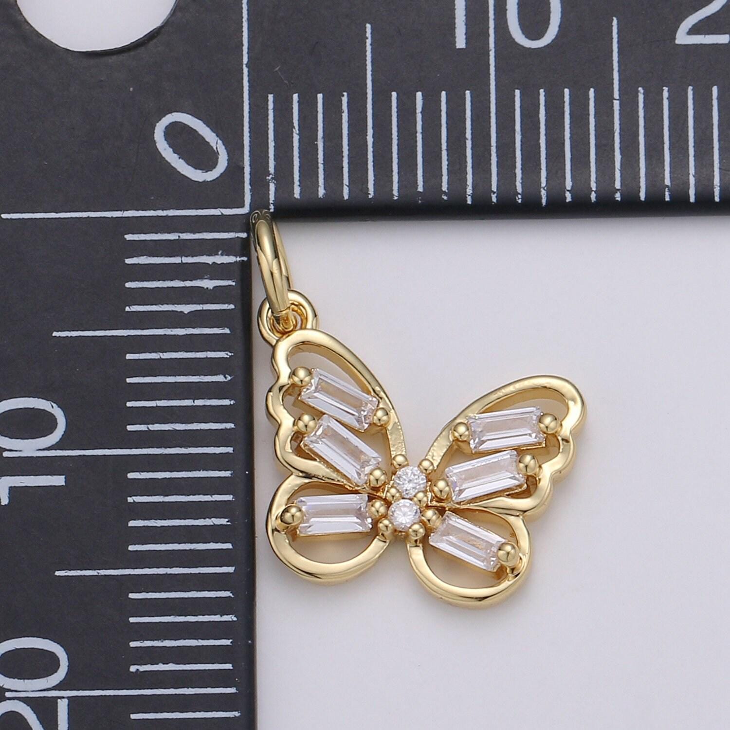 Dainty baguette 24k gold micro pave butterfly charm cubic zirconia mariposa pendant charm cz monarch charm, chgf-1973