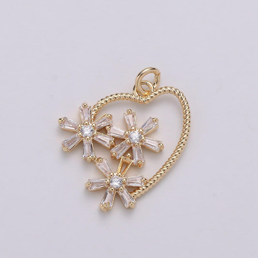 1pc 24k gold plated baguette cz flowery heart pendant charm, daisy hearts cz charm, gold twist rope heart pendant