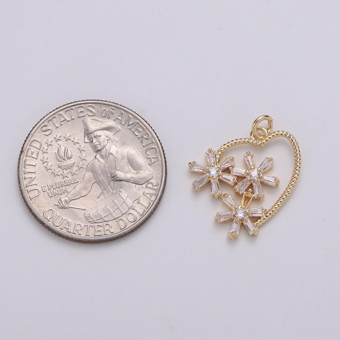 1pc 24k gold plated baguette cz flowery heart pendant charm, daisy hearts cz charm, gold twist rope heart pendant