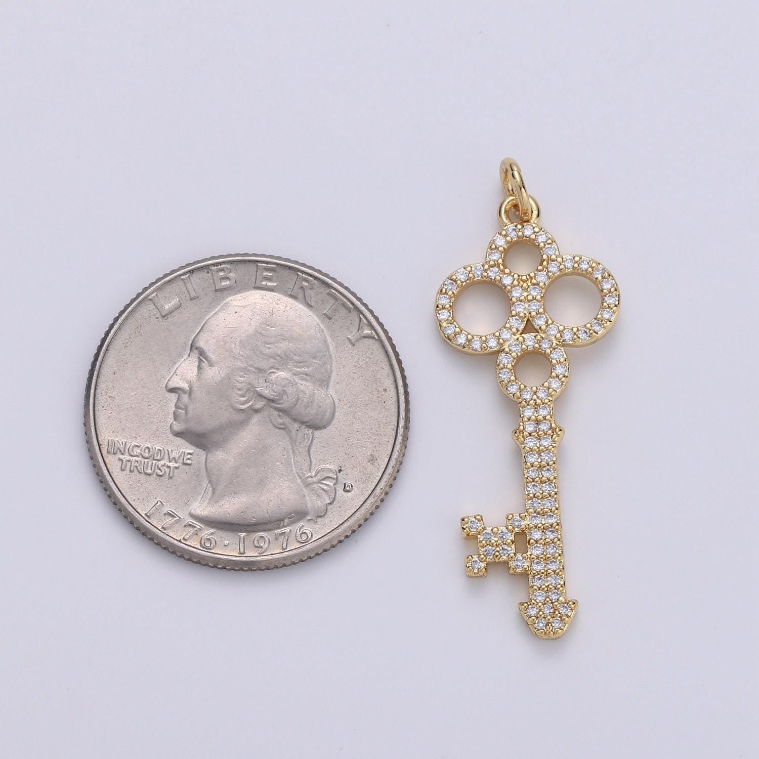 1pc 14k olympic key gold plated micro pave cubic clover key pendant charm, micro pave cz key pendant charm,for diy jewelry