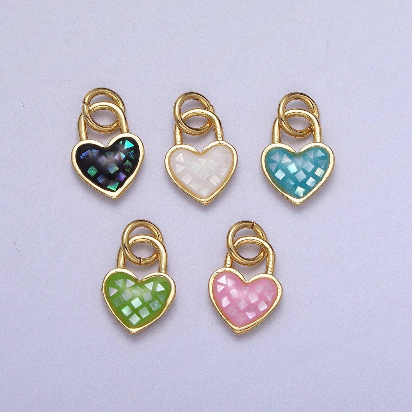 Dainty pink, green, blue white abalone shell opal heart pendant for love padlock jewelry making supply in 24k gold filled