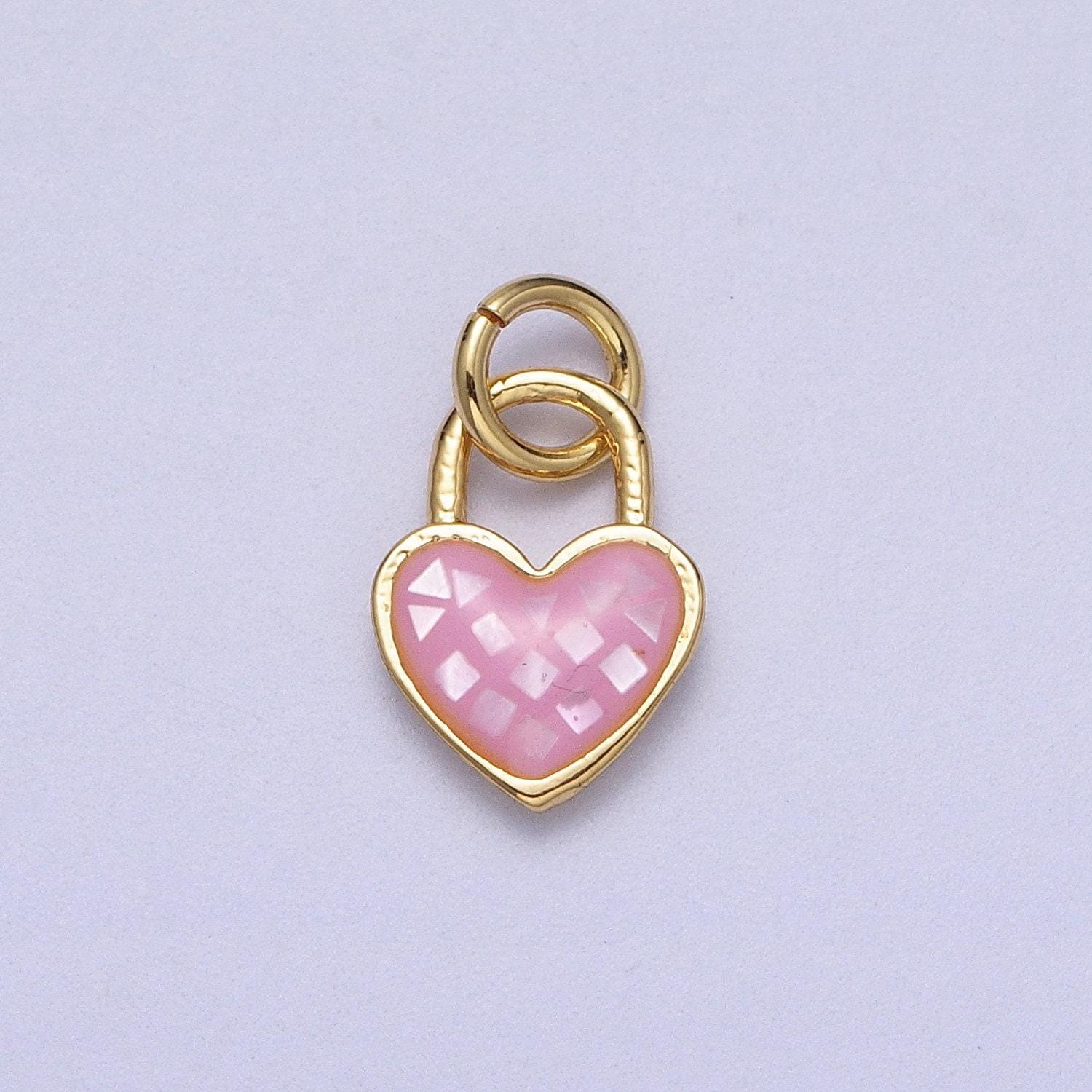 Dainty pink, green, blue white abalone shell opal heart pendant for love padlock jewelry making supply in 24k gold filled