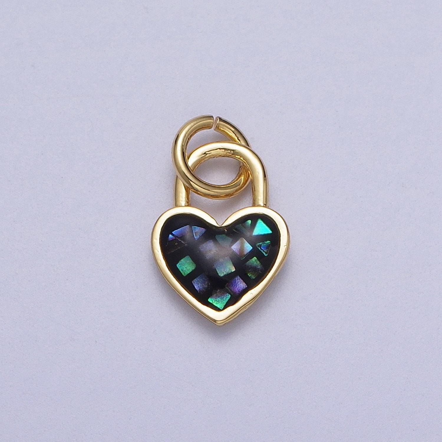 Dainty pink, green, blue white abalone shell opal heart pendant for love padlock jewelry making supply in 24k gold filled
