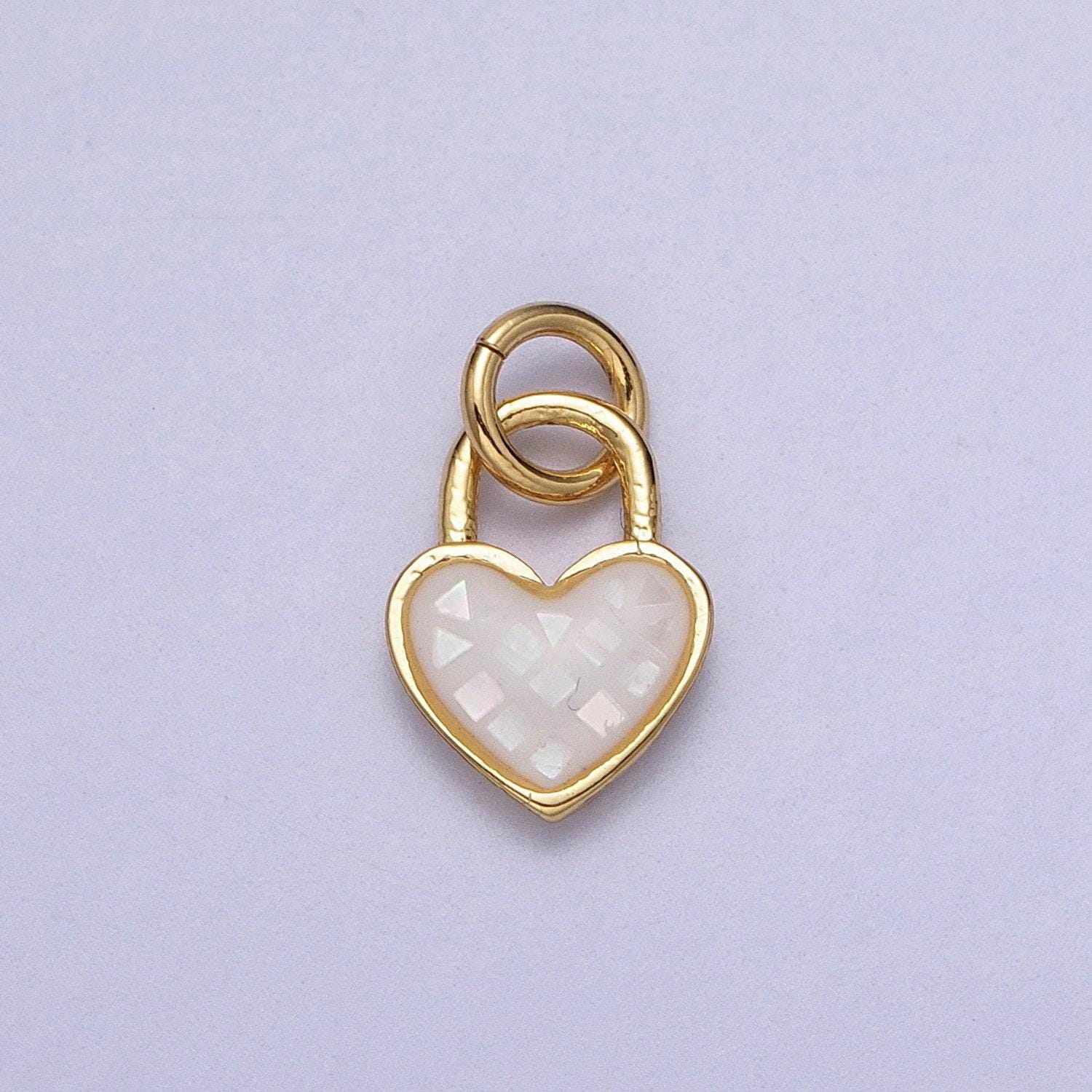 Dainty pink, green, blue white abalone shell opal heart pendant for love padlock jewelry making supply in 24k gold filled