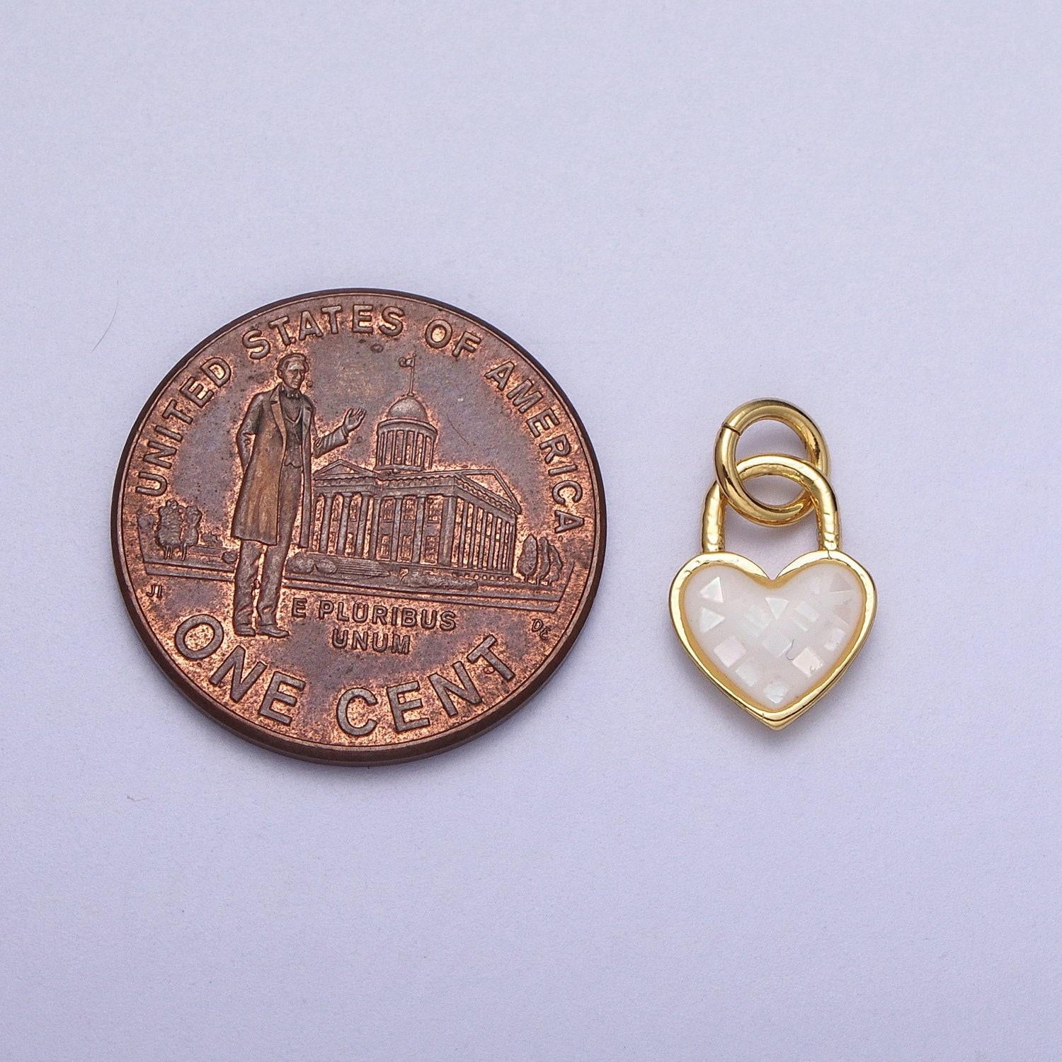 Dainty pink, green, blue white abalone shell opal heart pendant for love padlock jewelry making supply in 24k gold filled