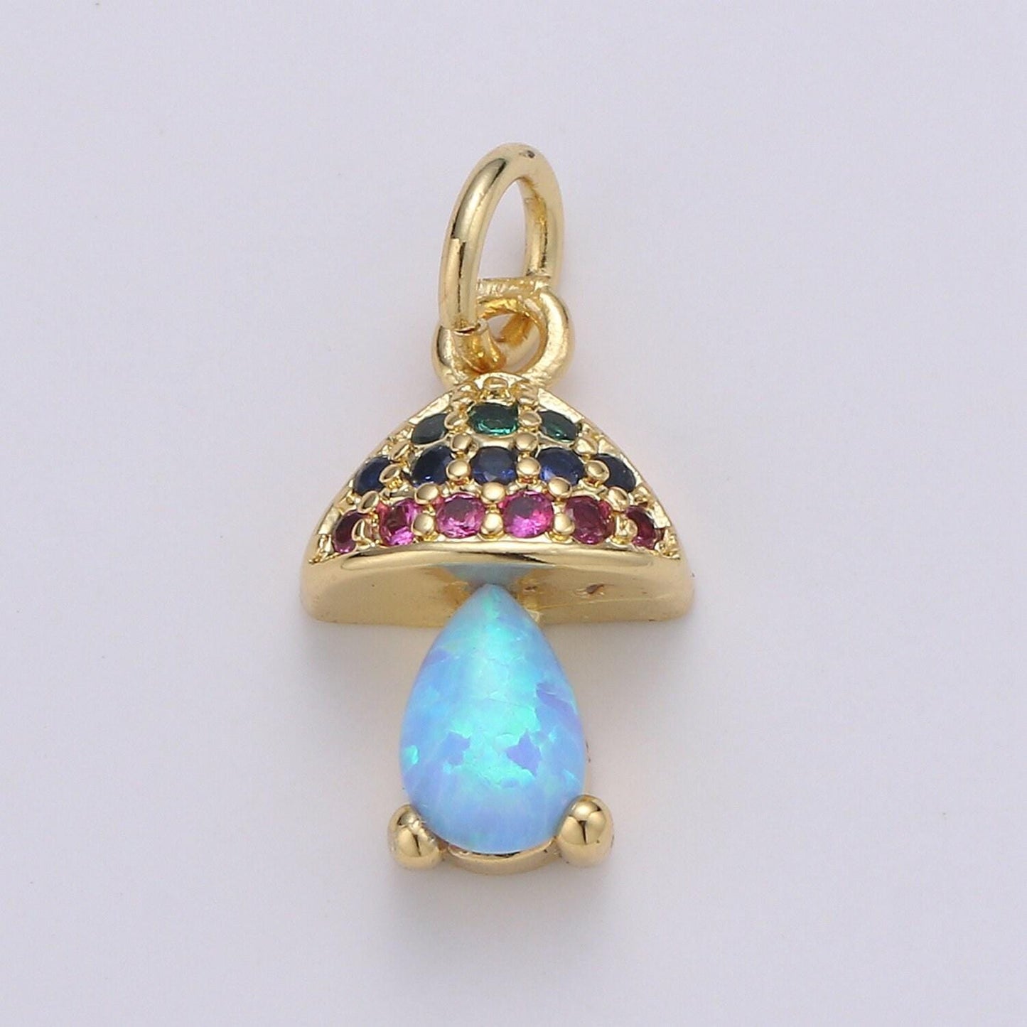 Opal mushroom gold micro pave charm, cubic zirconia lantern pendant charm, dainty clear pearcut cz charm, multicolor cz, 1970 - 1972