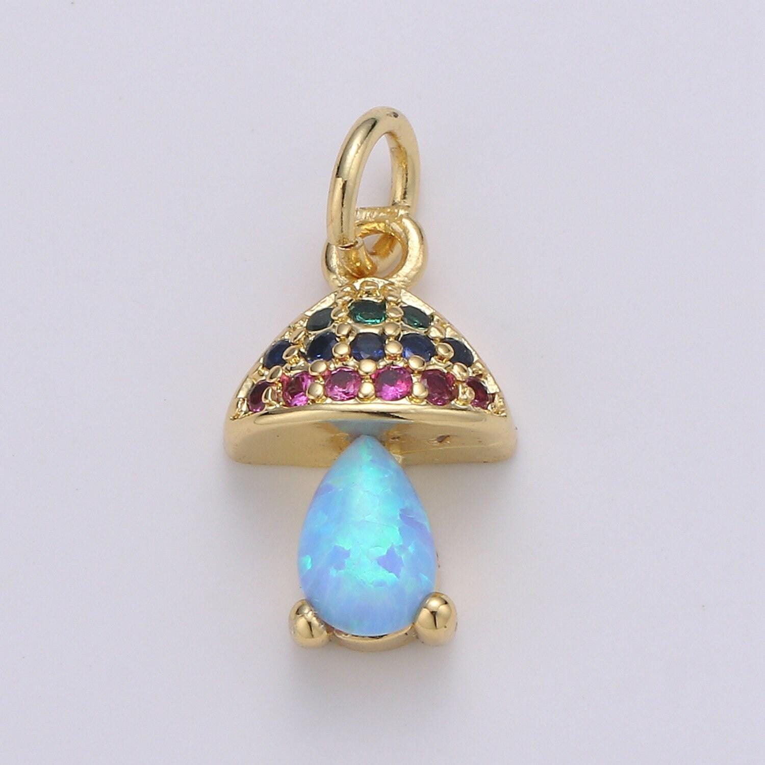 Opal mushroom gold micro pave charm, cubic zirconia lantern pendant charm, dainty clear pearcut cz charm, multicolor cz, 1970 - 1972
