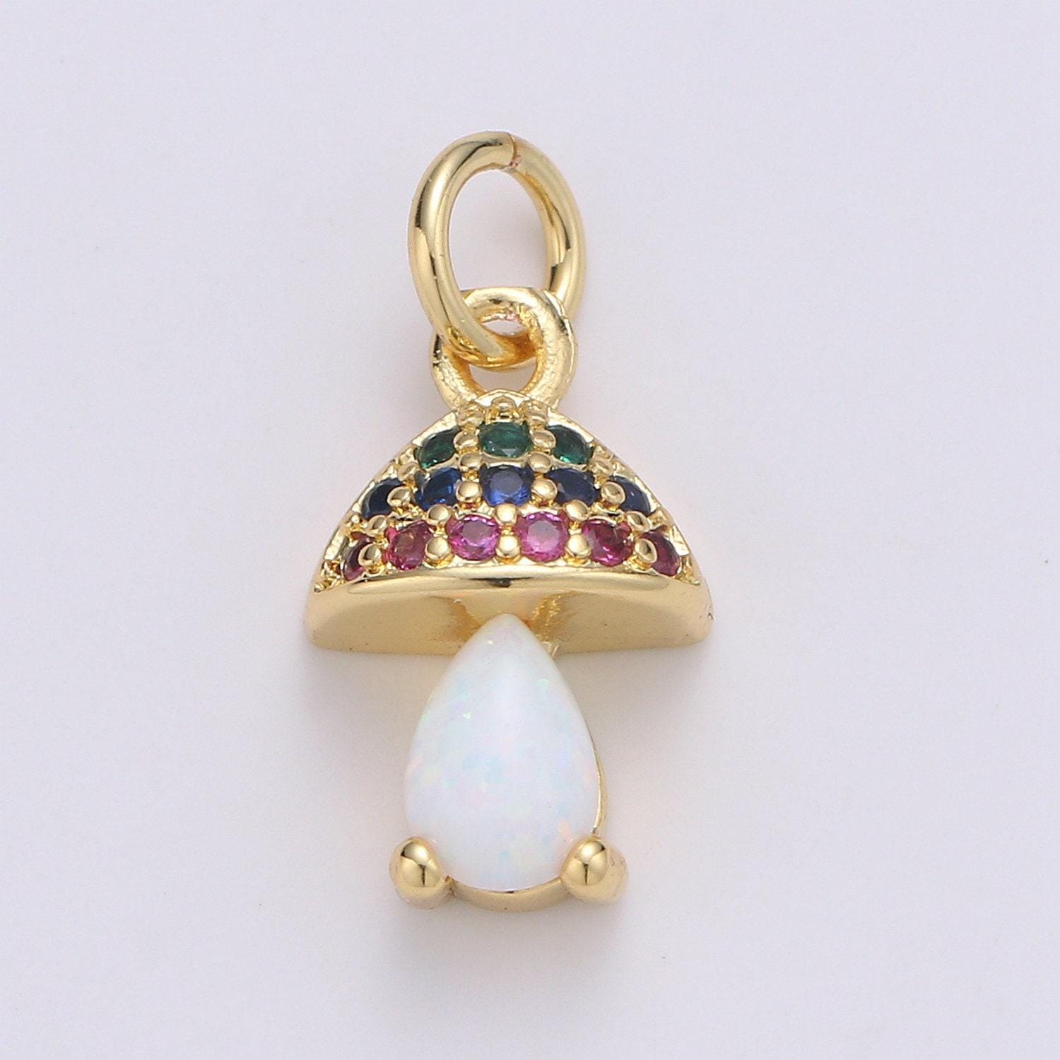 Opal mushroom gold micro pave charm, cubic zirconia lantern pendant charm, dainty clear pearcut cz charm, multicolor cz, 1970 - 1972