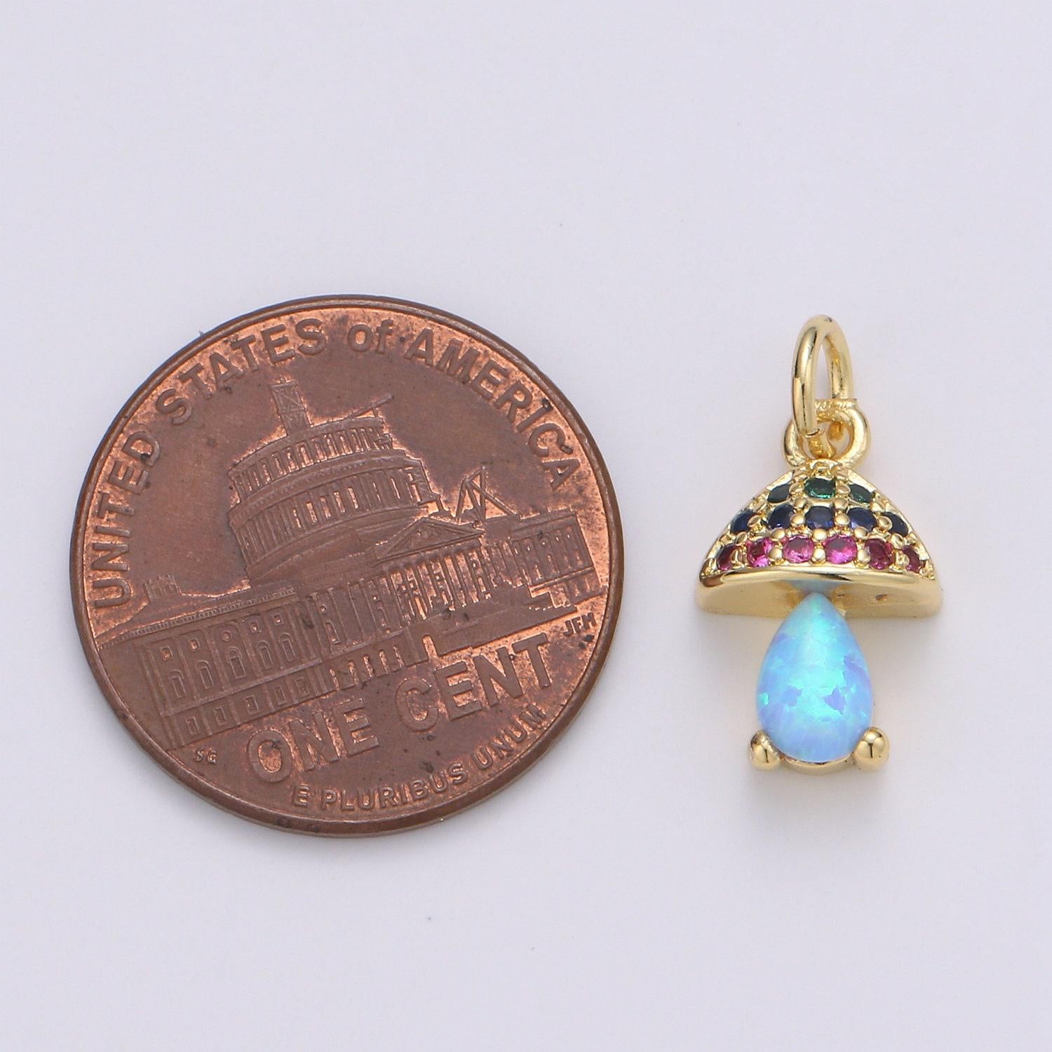 Opal mushroom gold micro pave charm, cubic zirconia lantern pendant charm, dainty clear pearcut cz charm, multicolor cz, 1970 - 1972