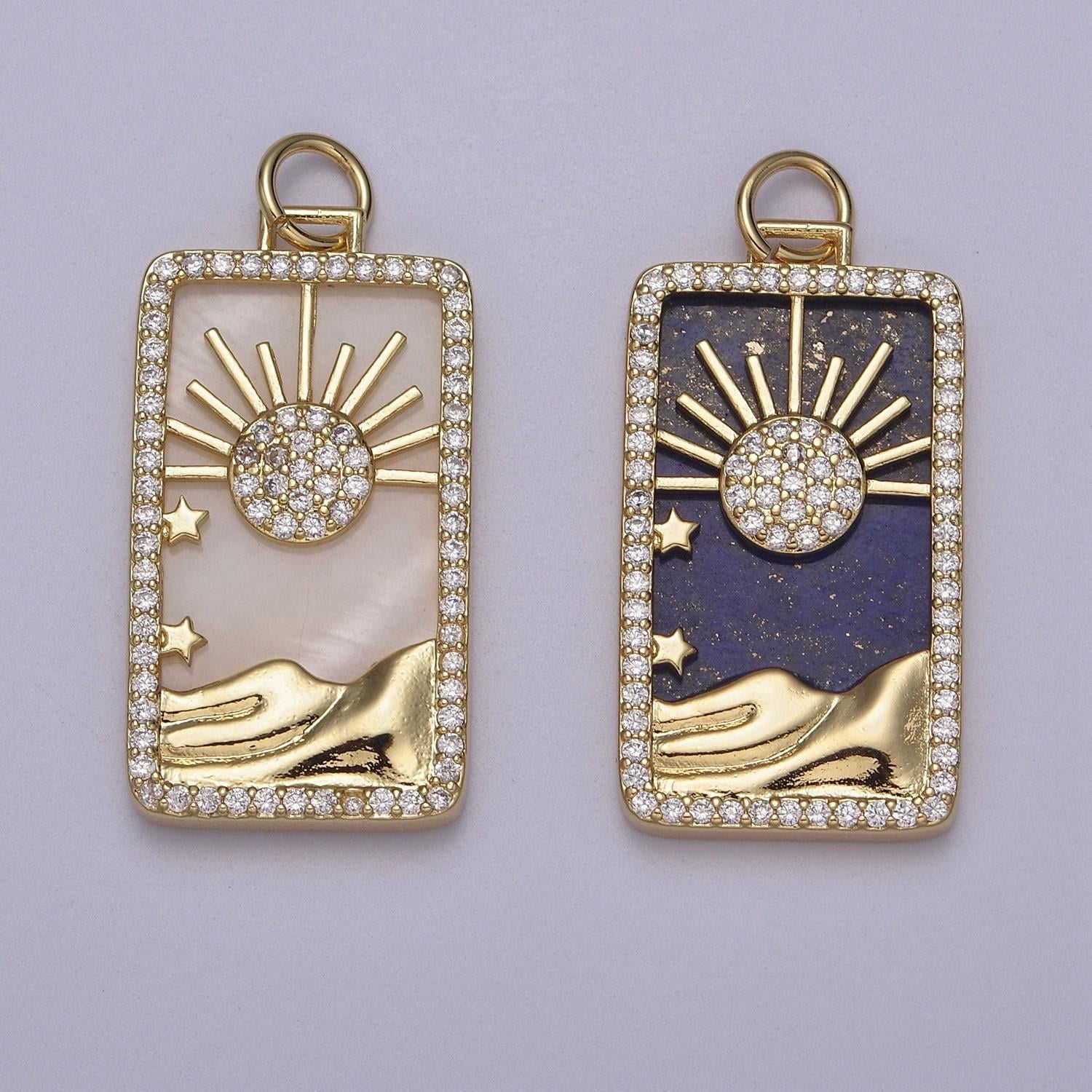 Pearl sun tag charm blue lapiz mountain gold filled charm clear cz tag medallion charm pendant e-424
