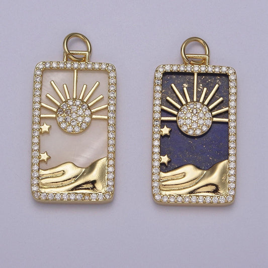 Pearl sun tag charm blue lapiz mountain gold filled charm clear cz tag medallion charm pendant e-424