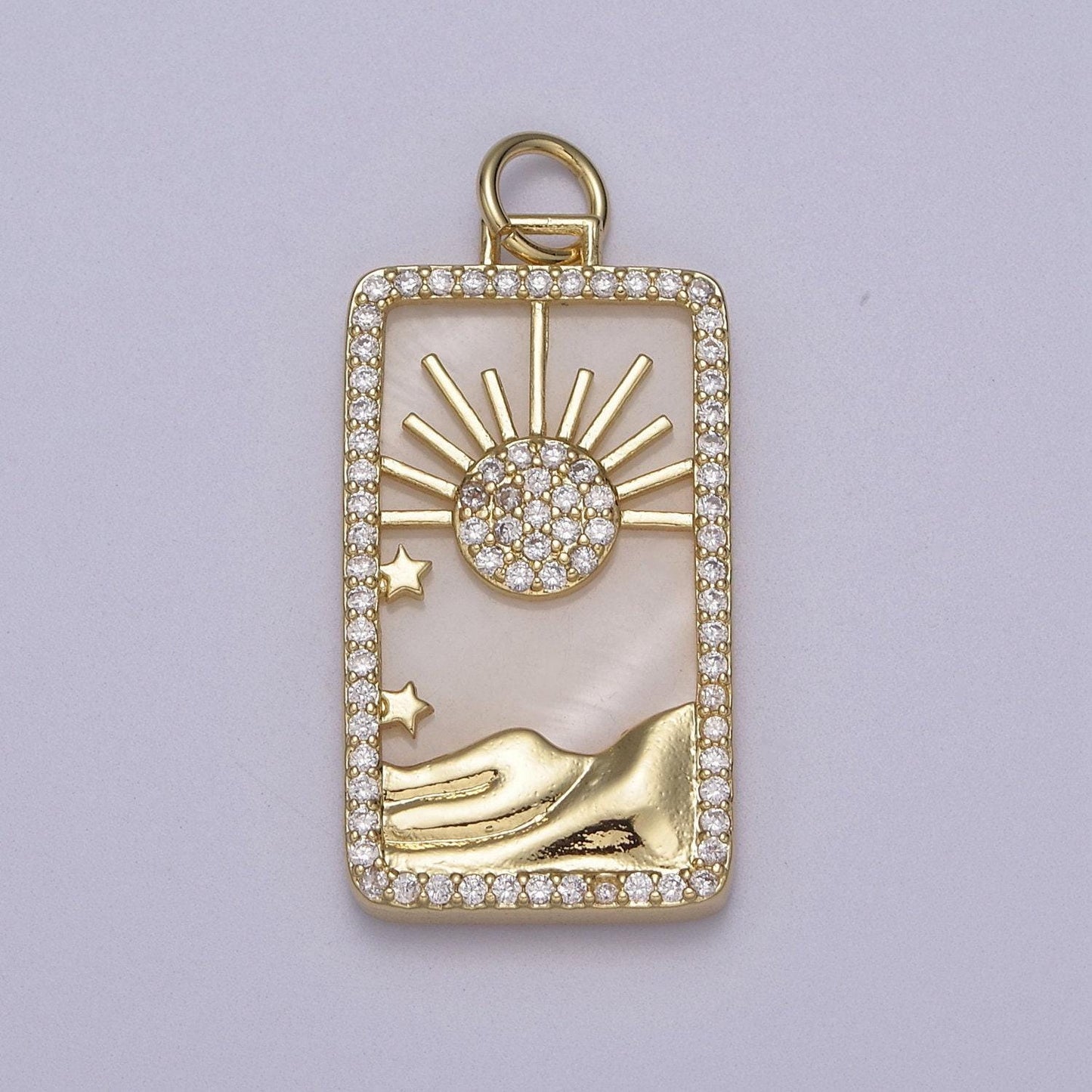 Pearl sun tag charm blue lapiz mountain gold filled charm clear cz tag medallion charm pendant e-424