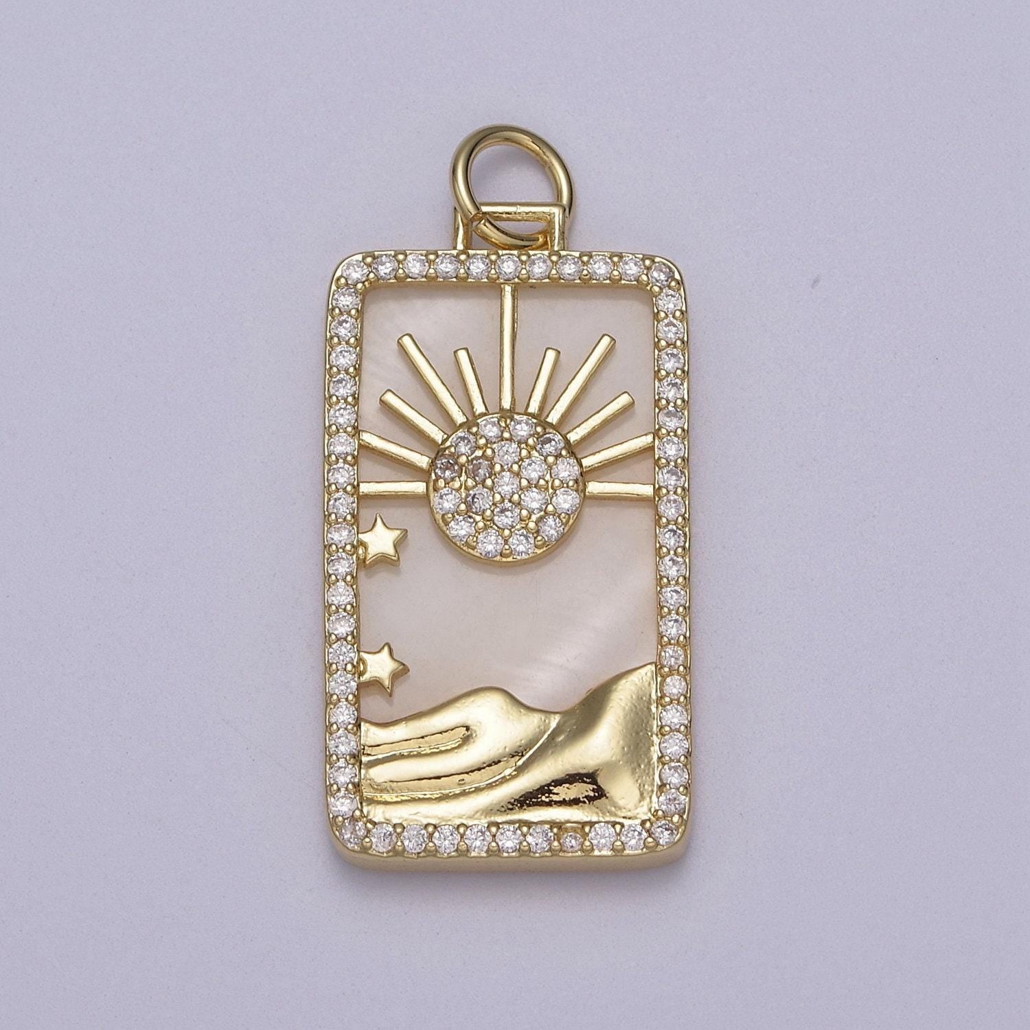Pearl sun tag charm blue lapiz mountain gold filled charm clear cz tag medallion charm pendant e-424