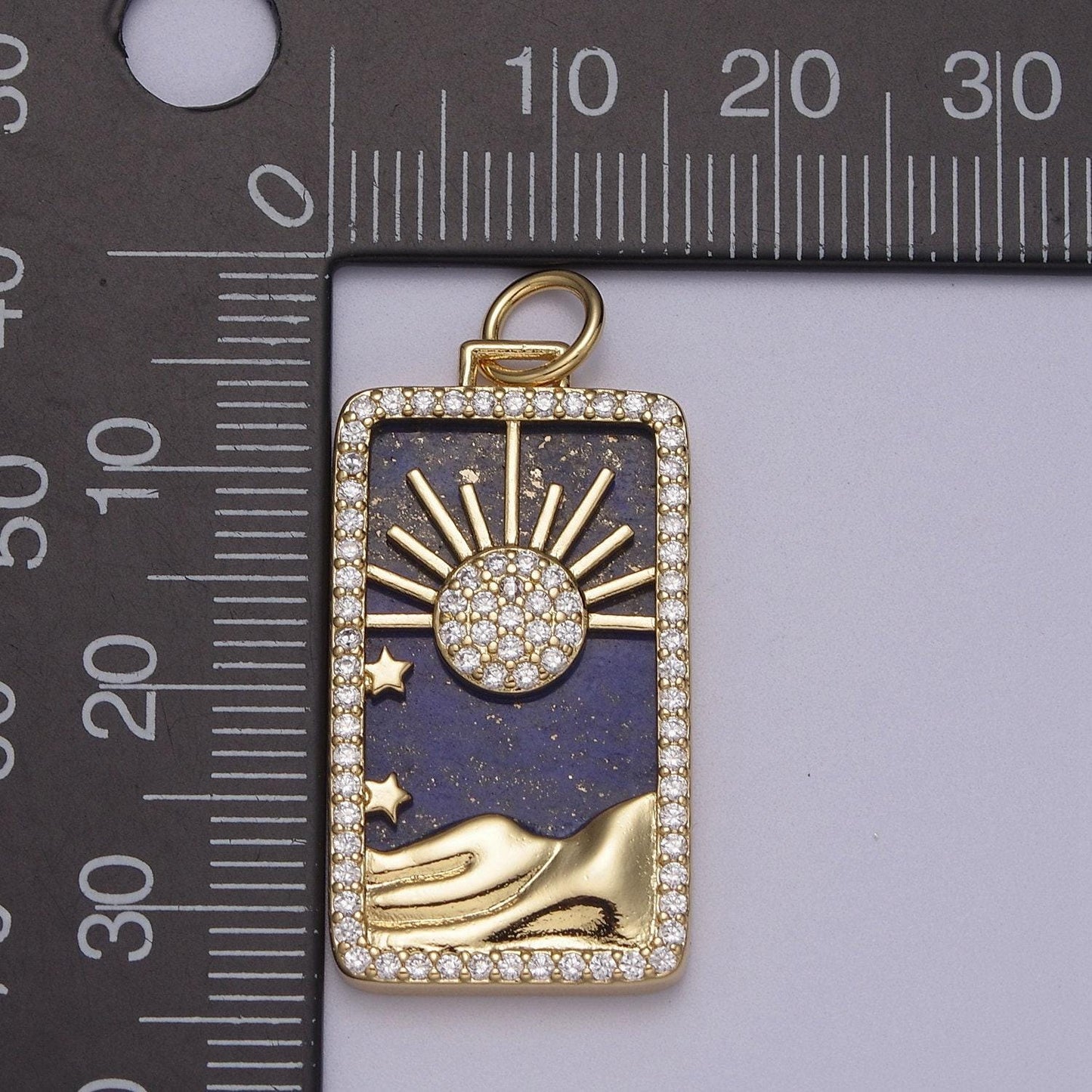 Pearl sun tag charm blue lapiz mountain gold filled charm clear cz tag medallion charm pendant e-424