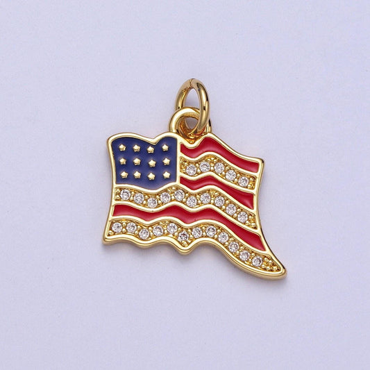 Cubic gold american flag charm with enamel, united states patriotic vote presidential 4th of july inspired necklace bracelet earring e443