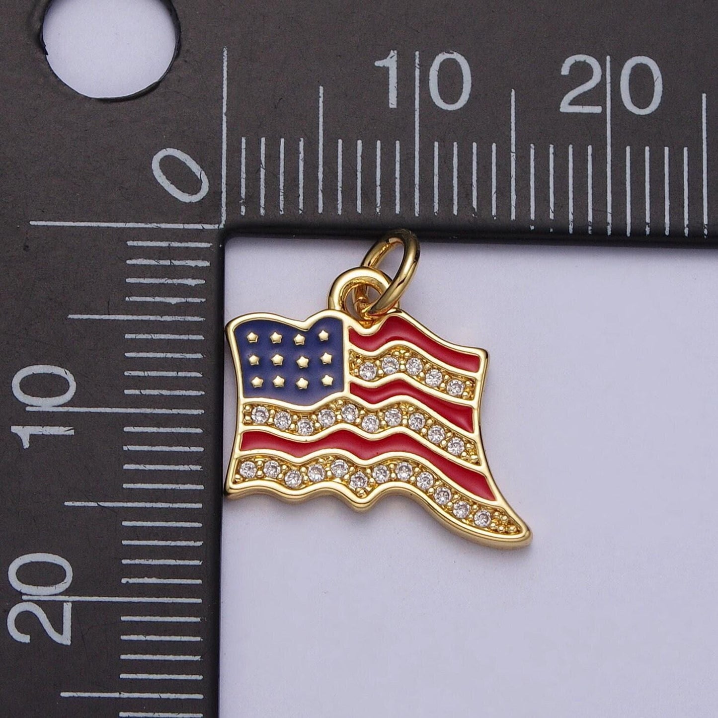 Cubic gold american flag charm with enamel, united states patriotic vote presidential 4th of july inspired necklace bracelet earring e443