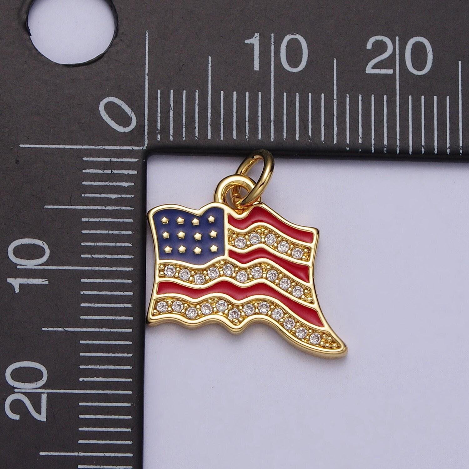 Cubic gold american flag charm with enamel, united states patriotic vote presidential 4th of july inspired necklace bracelet earring e443