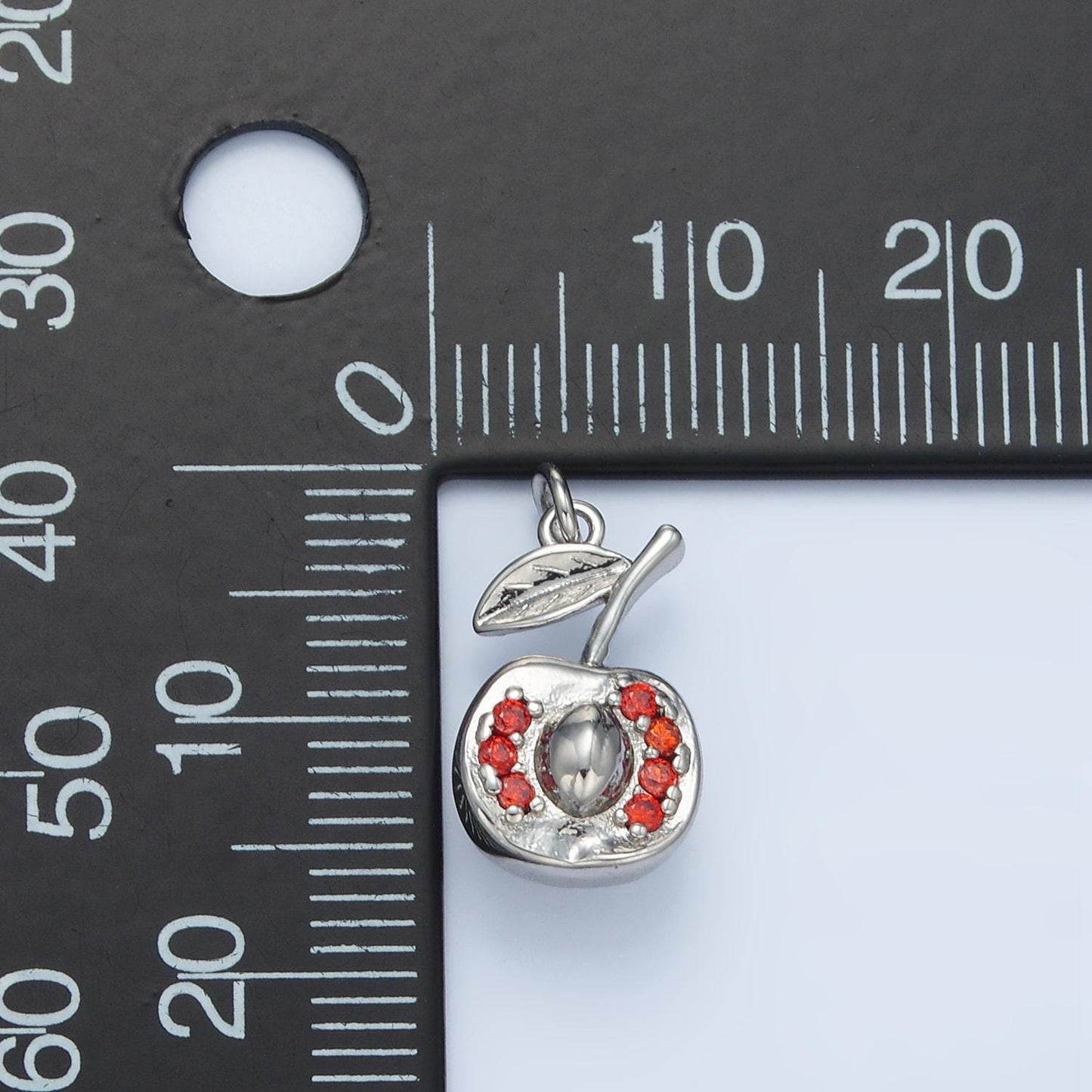 Silver & gold halve cut apple, red cz fruit charm | e-393